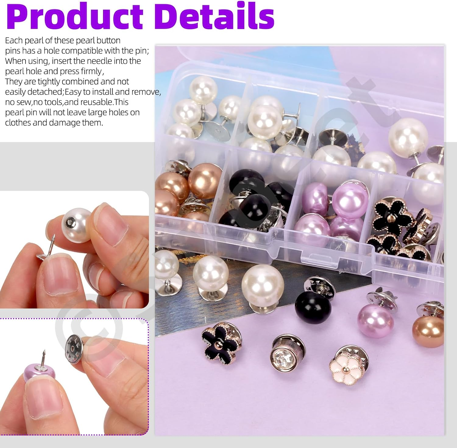 Swpeet 45Pcs 9 Styles No Sew Pearl Buttons Anti-Exposure Fixed Brooches Pearl Pins Women Shirt Brooch Buttons Cover up Button Pin Safety Brooch Buttons for Clothing Dress Sweater Shoes image number 1