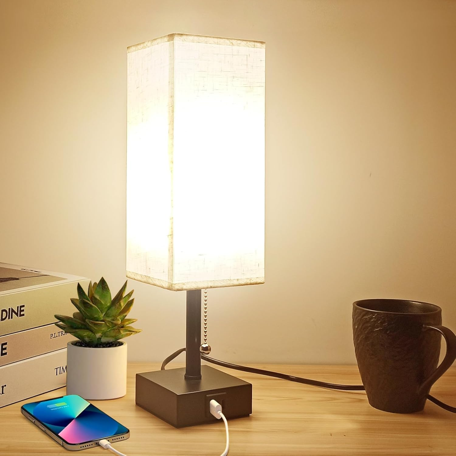 Bedside Table Lamp for Bedroom 3 Way Dimmable Touch Desk Lamp USB Charging Ports Small Lamp Wood Base round Flaxen Fabric Shade for Living Room, Desk, LED Bulb Included