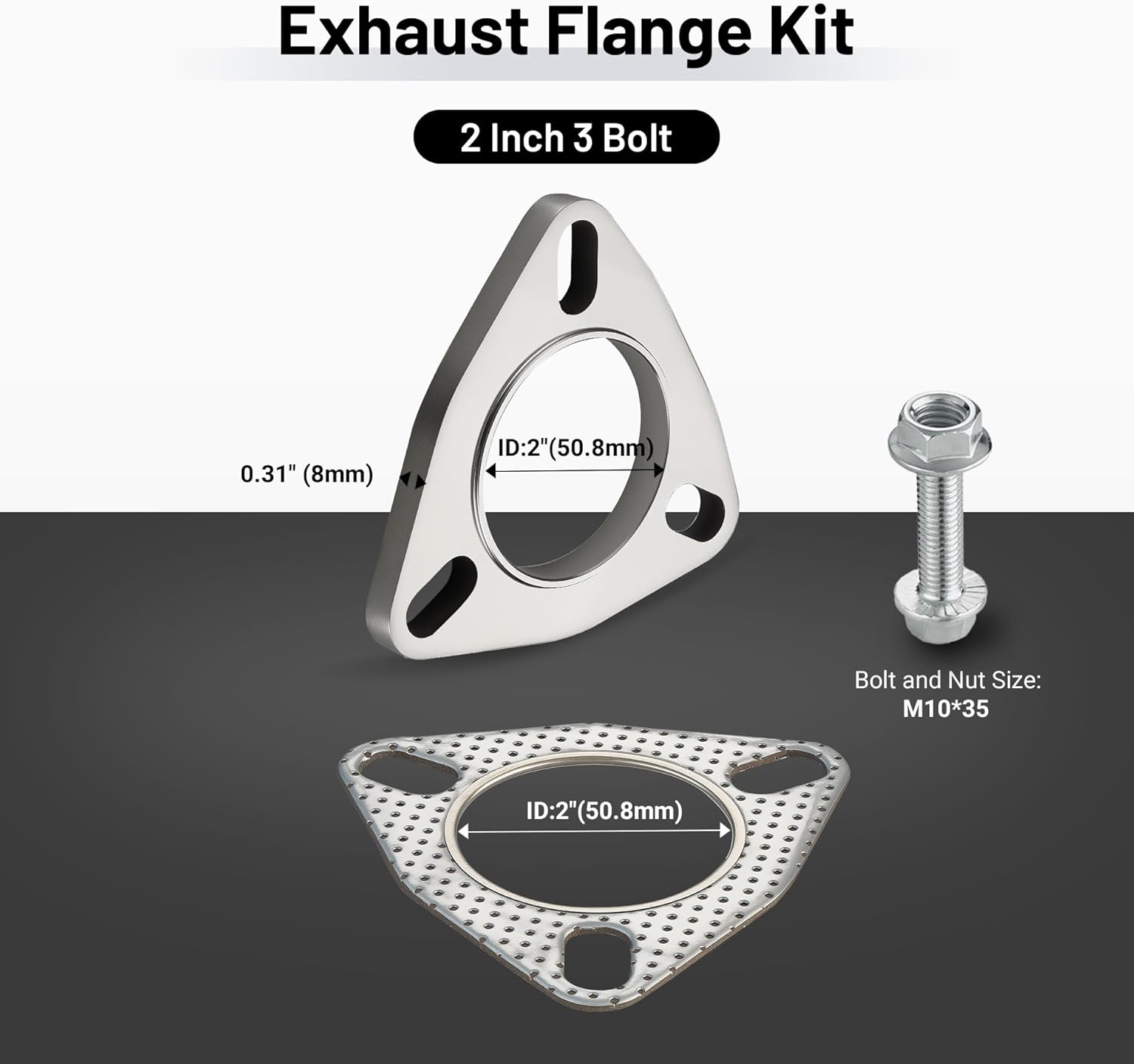 EVIL ENERGY 2 Inch 3 Bolt Stainless Steel Exhaust Flange & Exhaust Gasket Kit with Bolts & Nuts, Exhaust Flange Connection Kit for Automotive Replacement Exhaust Flanges (2PC Gasket) image number 5