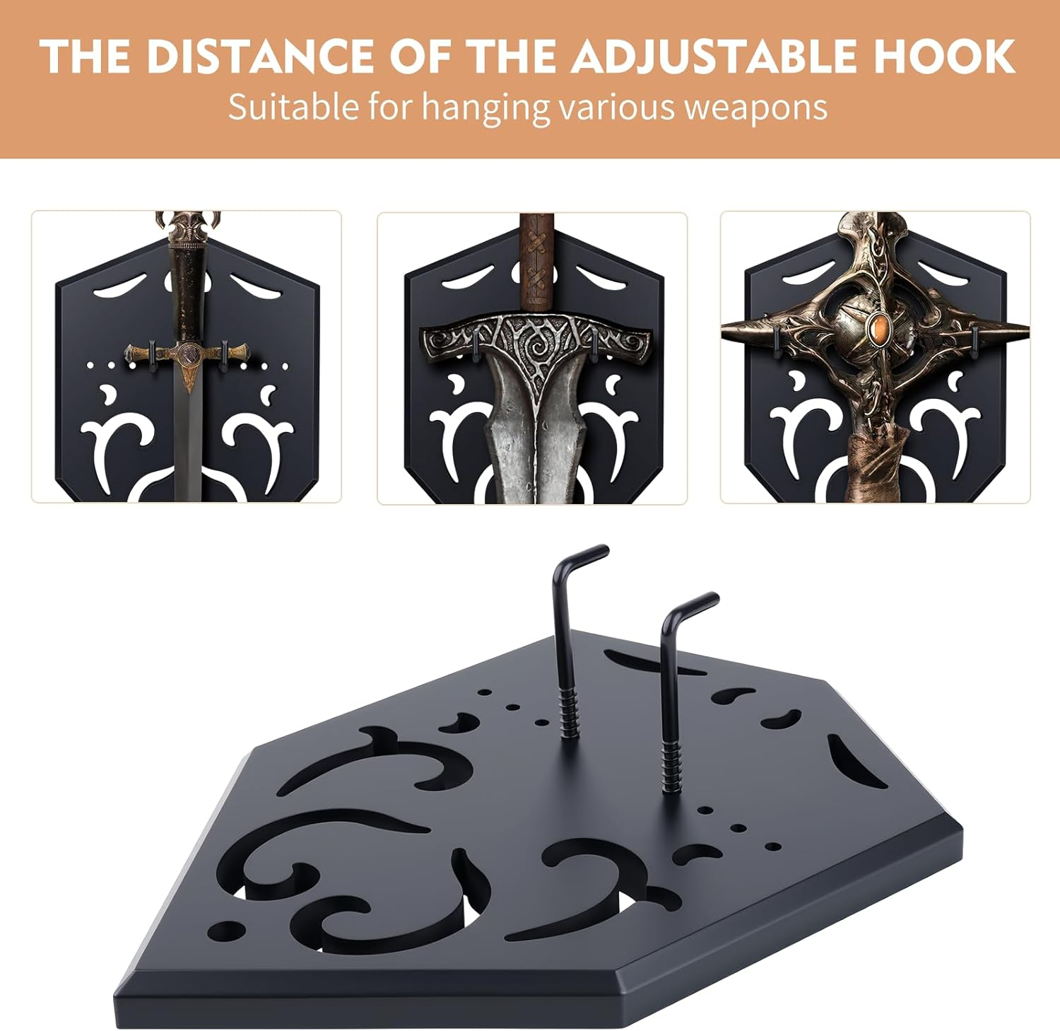 GAHEUNBB Sword Wall Mount Vertical Display Rack with Hollow-Carved Design Wall Holder for Medieval Swords Bows Axes & Props, Black image number 6