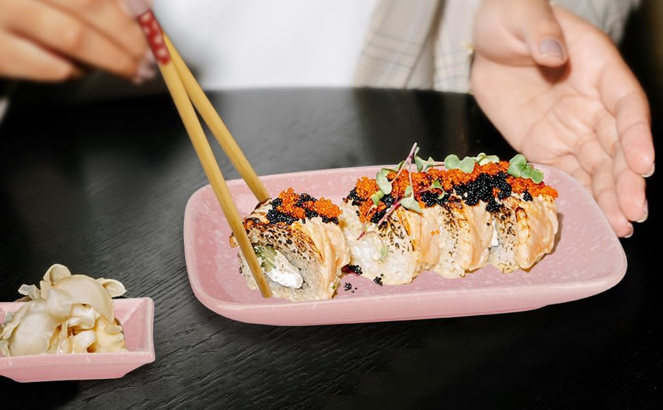 Exzact Sushi Plate Set 10Pcs - 2 X Sushi Plates, 2 X Dip Bowls, 2 X Placemats, 2 X Chopsticks Rests, 2 Pairs of Chopsticks - Highquality Porcelain - Gift Box - Pink