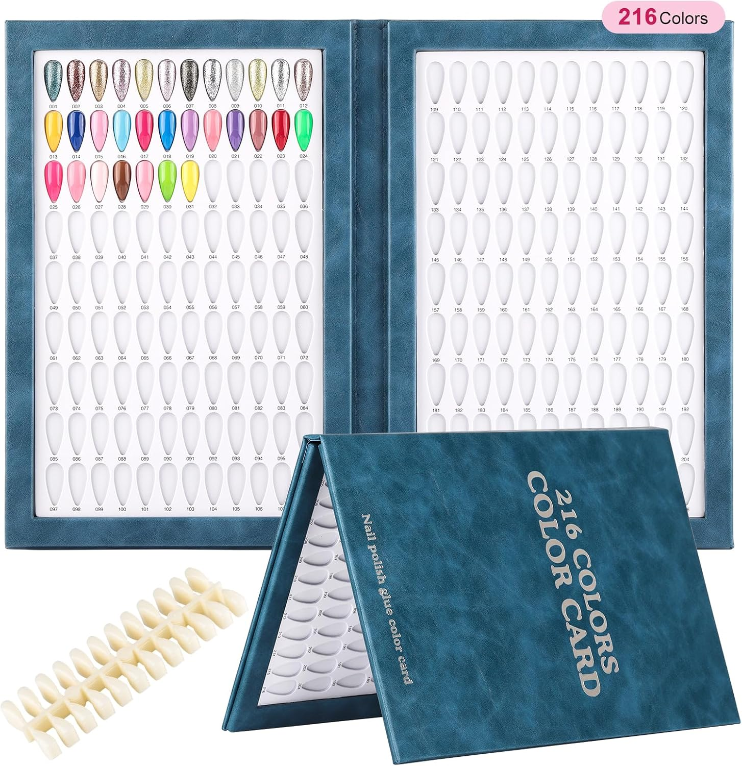 BNG Nail Colour Display Book 216 Colours Nails Art Card Chart with 240 Pieces Almonds False Nails Tips, Leather Stamped Silver Drops Colour Book for Salon Gel Polish, Blue image number 2