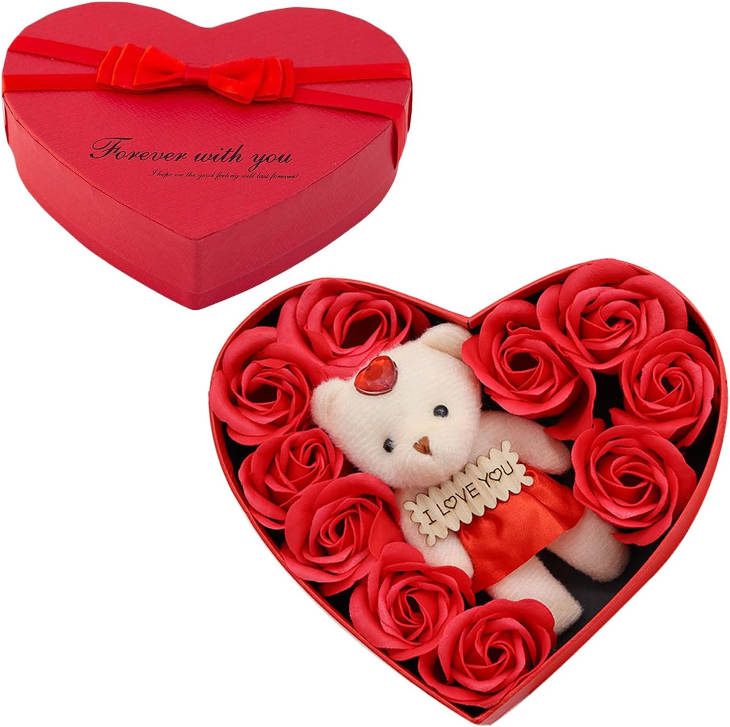 Lopsity Rose Bear with Heart Box Romantic Roses Flower Gift Box with Cute Teddy Bear for Mothers Day Anniversary Birthday Valentines Day Gift (Pink)