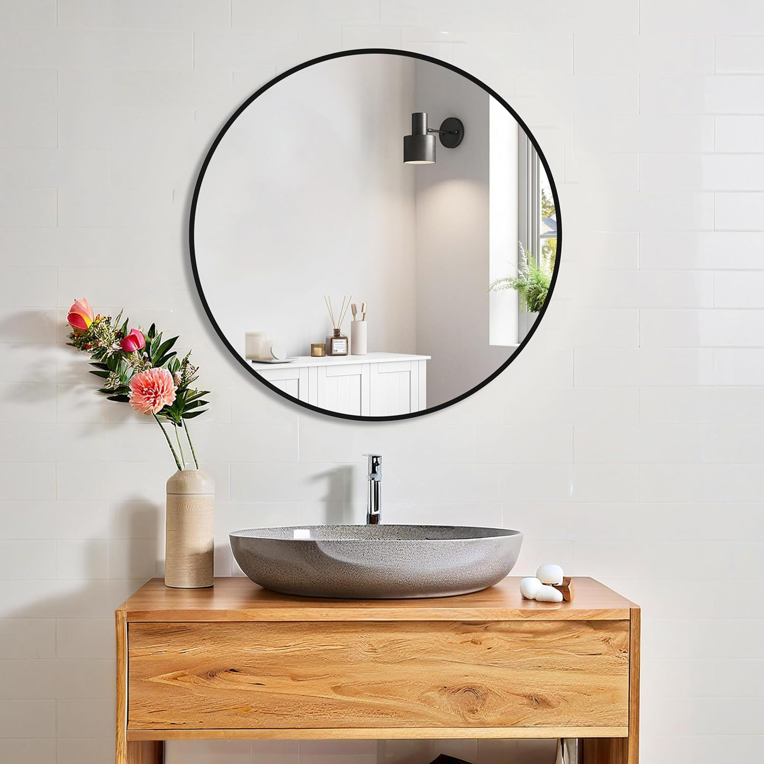 ANYHI round Wall Mirror, 50X50Cm Black round Mirror, Bathroom Mirror for Wall, Hanging Circle Mirror, Decorative round Wall Mirror, Wall Mounted Mirror for Bathroom, Bedroom, Entryways, Living Room image number 7