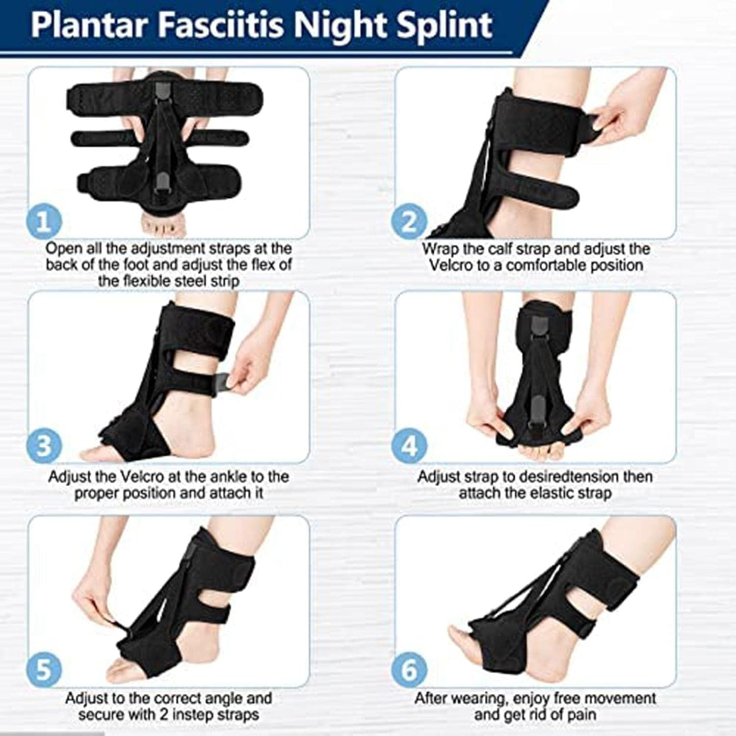 Plantar F?Sciitis Night Splints | Foot Drop Orthotic Brace Support Straps | Orthotics Ankle Brace for Heel | 3 Adjustable Straps Compression Foot Sleeves with Ankle Suppor for Women & Men - Black image number 2
