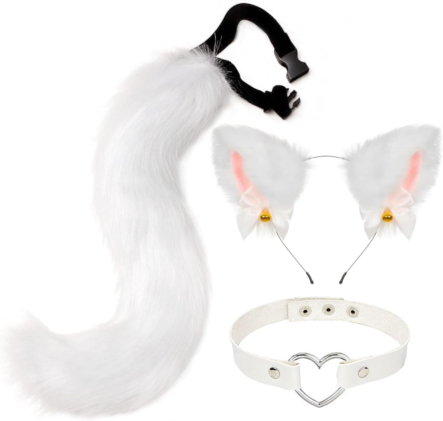 Faux Fur Fox Tail Cat Wolf Cosplay Costume Set, Cats Ear Headbands Tail Cats Paw Glove Leather Neck Chocker Set Halloween Christmas Party Animal Role Play Accessories (White) image number 2