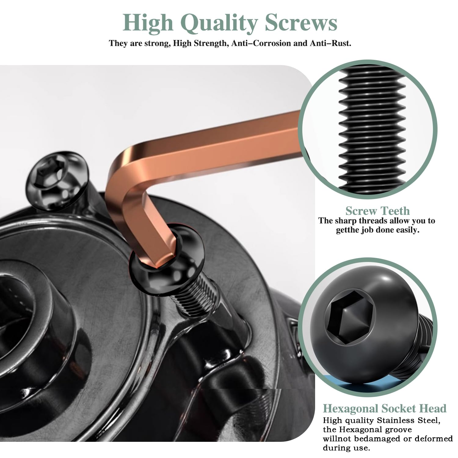 M8&times;45Mm Button Head Socket Cap Bolts Screws, Nuts, Flat Washers, 20Pcs, 304 Stainless Steel 18-8, Fully Threaded, Black Oxide, with Hex Spanner image number 7