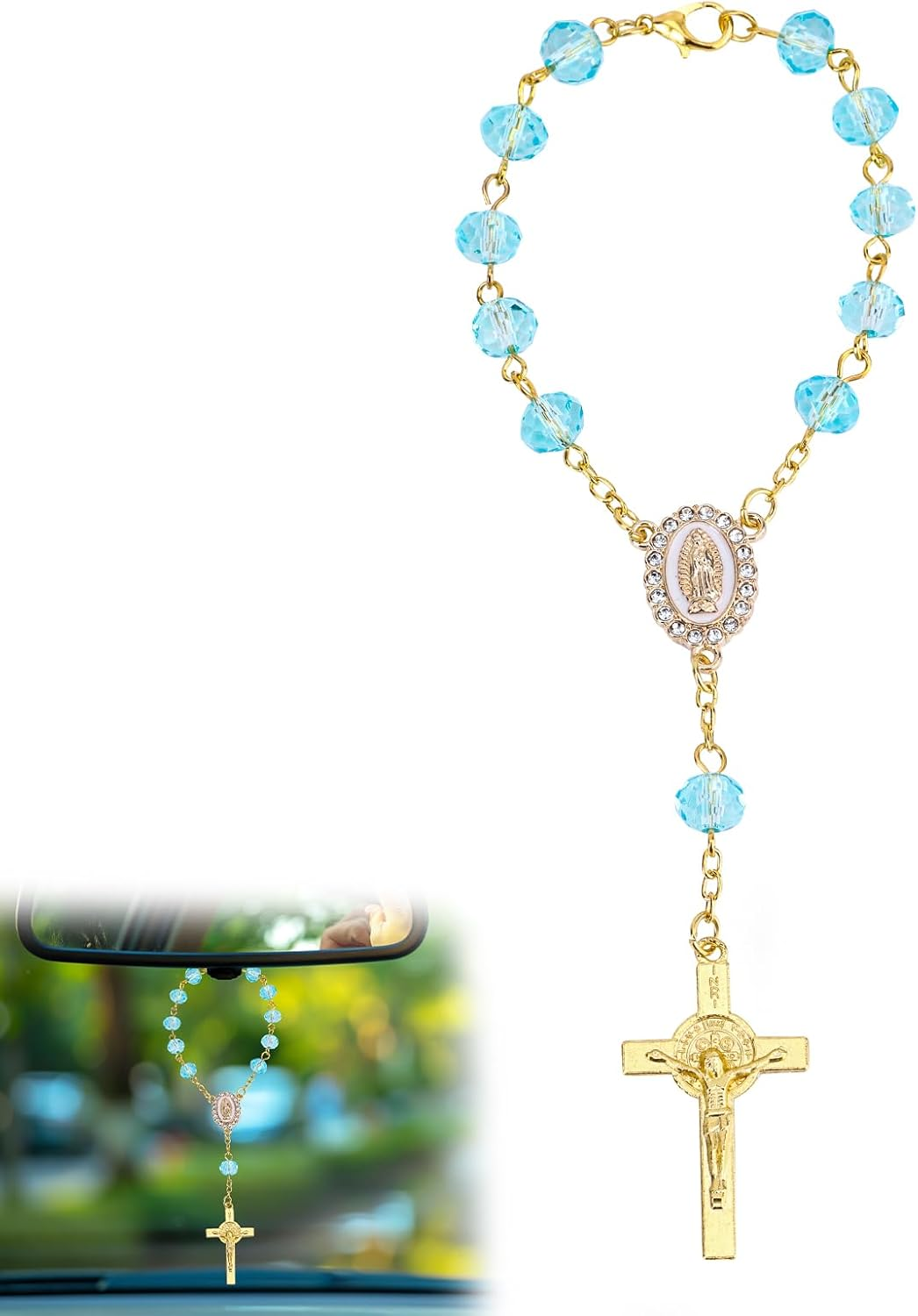 Rosary for Car Mirror Hanging, Stylish Car Rear View Mirror Accessories Catholic Rosary Hanging Ornament for Wedding Favors Baptism First Communion (Gray)