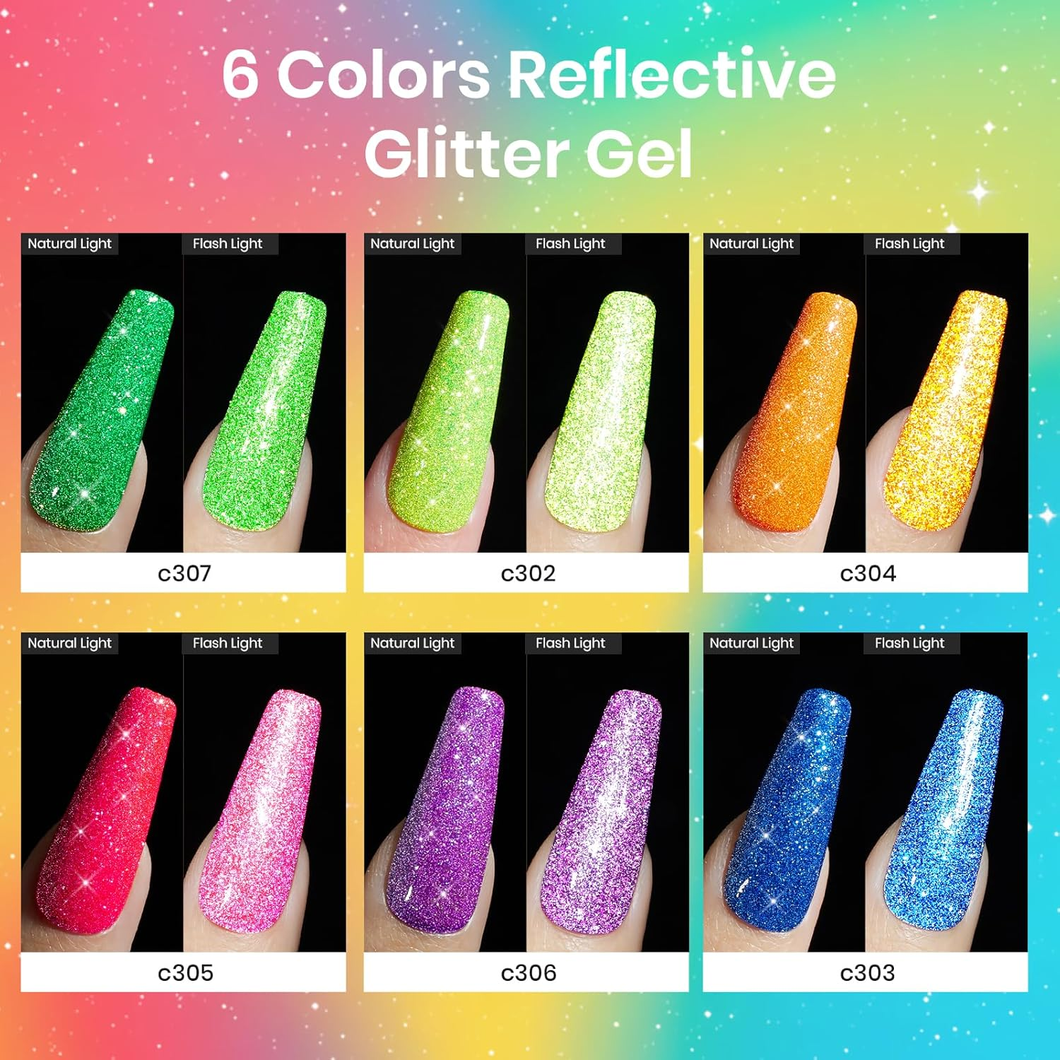 Beetles Gel Polish Reflective Glitter Gel Polish Set 6 Colors Neon Gel Nail Polish Set Nails Gel Orange Hot Pink Purple Gel Polish Soak off Uv Led Gel Nail Kit Nails Nail Art Manicure Women Pink image number 3