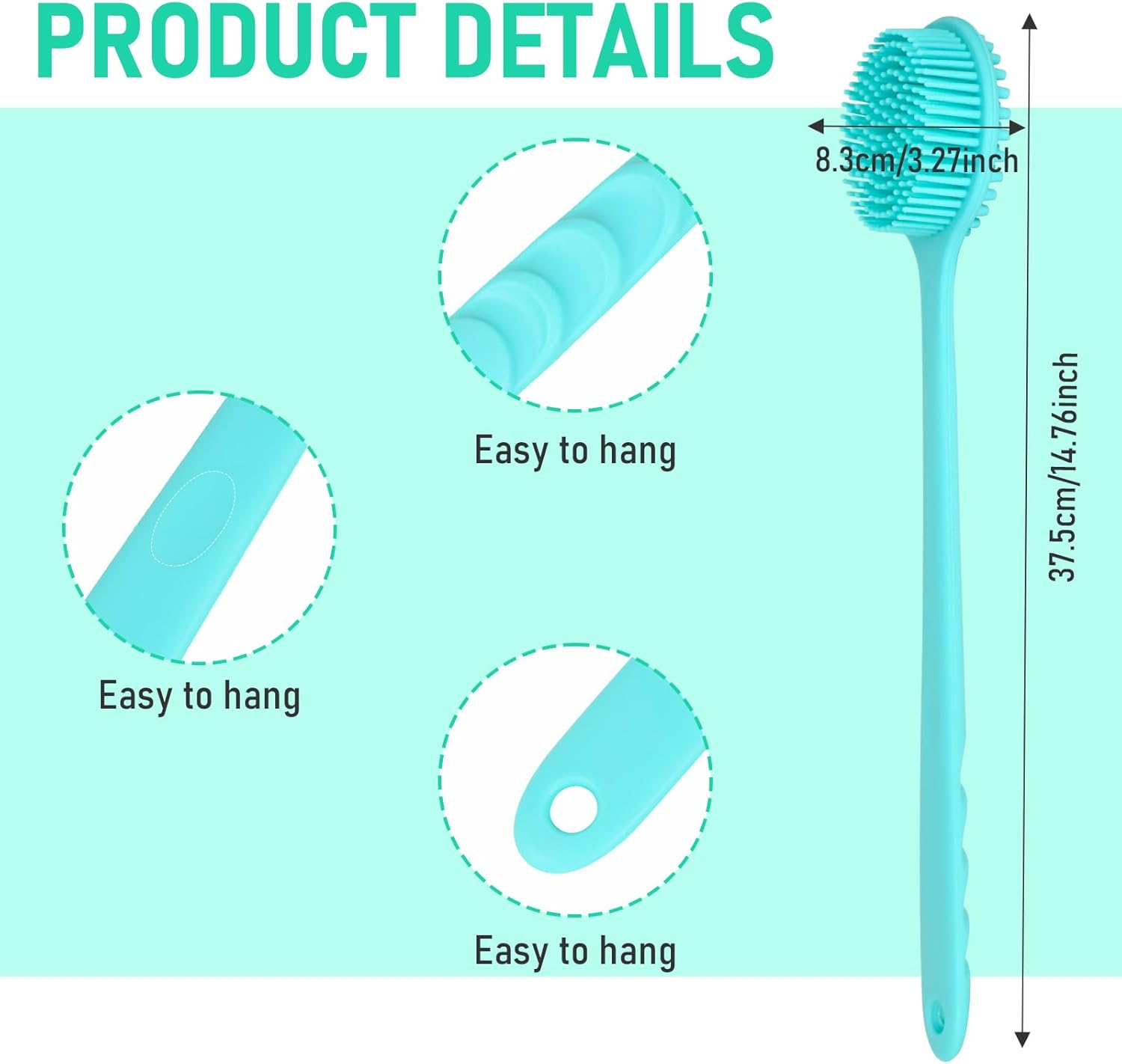 Silicone Back Scrubber for Shower Bath Body Brush with Long Handle Double Sided Exfoliating Shower Brush with a Hook and a Lanyard - Black image number 7