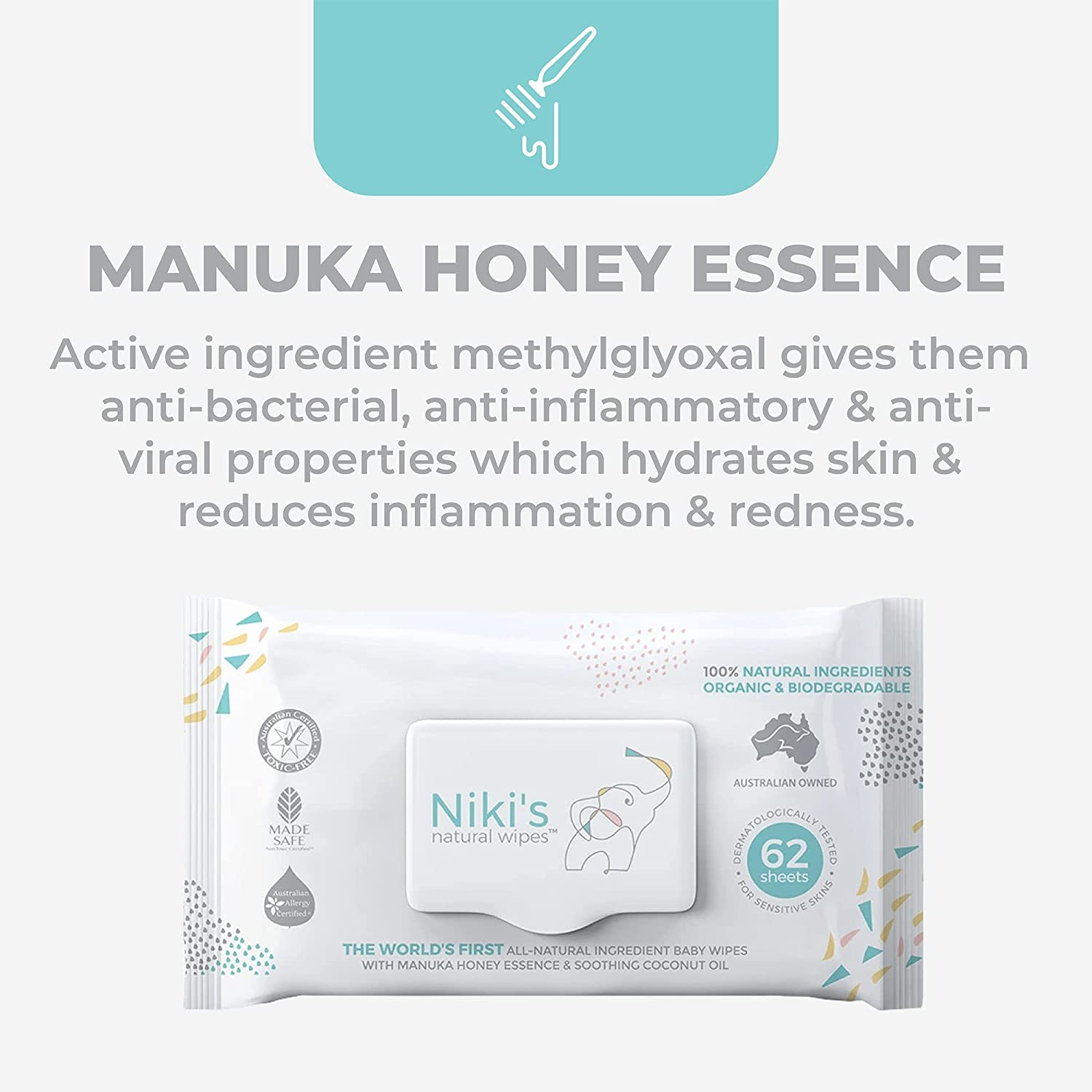 Niki'S Natural Baby Wipes | World'S First All Natural Baby Wipes with Manuka Honey and Coconut Oil | 1,488 Wipes (24 Pack X 62 Wipes) image number 3