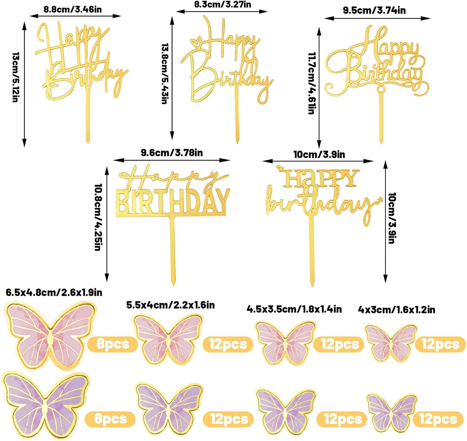 88Pcs Butterfly Cake Toppers, 5Pcs Gold Acrylic Happy Birthday Cake Toppers, Mixed Size 3D Butterfly Cake Decorations for Cupcake Wedding Birthday Party Decor (Purple & Pink) image number 5
