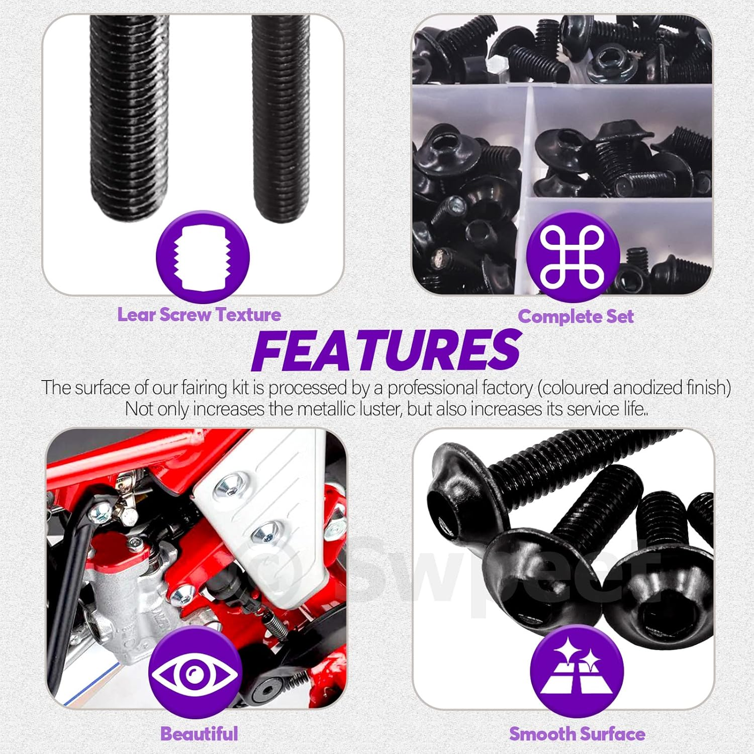 Swpeet 177Pcs 2 Sizes M5 M6 Motorcycle Fairing Bolt Assortment Kit, Motorcycle Windscreen Screws Fasteners Fixing Sportbike Bolts Fairing for All Models & Years Sport Bikes (Black) - Gold image number 3