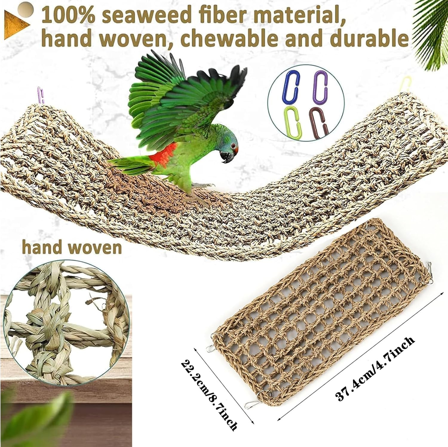 Natural Grass Woven Bird Net Hammock,Bird Seagrass Mat,Climbing Rope Ladder,Hammock Hanging on Parrot Cage,With 4 Hooks,Chew Toys for Lovebirds,Cockatiels,Pigeon,Budgies Etc (29.5 X 7In/75 * 18Cm)