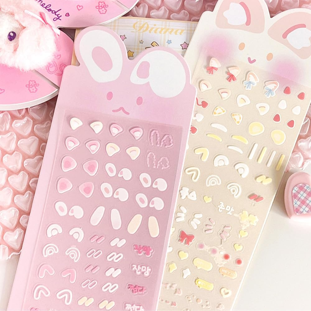 4Sheets Korean Deco Kpop Stickers for Photocards - Cute Kawaii Rabbit Bear Mouse Dog Ear Stickers - Sheets for Journal Scrapbook & Planner - Multiple Colors image number 5