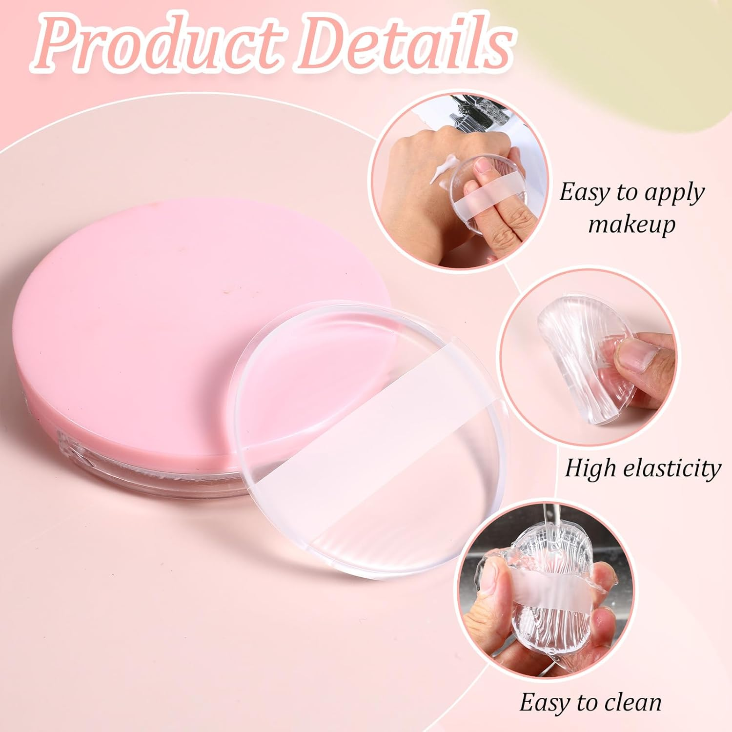 2Pcs Silicone Makeup Sponge, Clear round Powder Puff Washable Makeup Applicator for Women Girls Non-Absorbent Cosmetic Beauty Sponge for Foundation, Concealer, Cream, Blush, Highlighter
