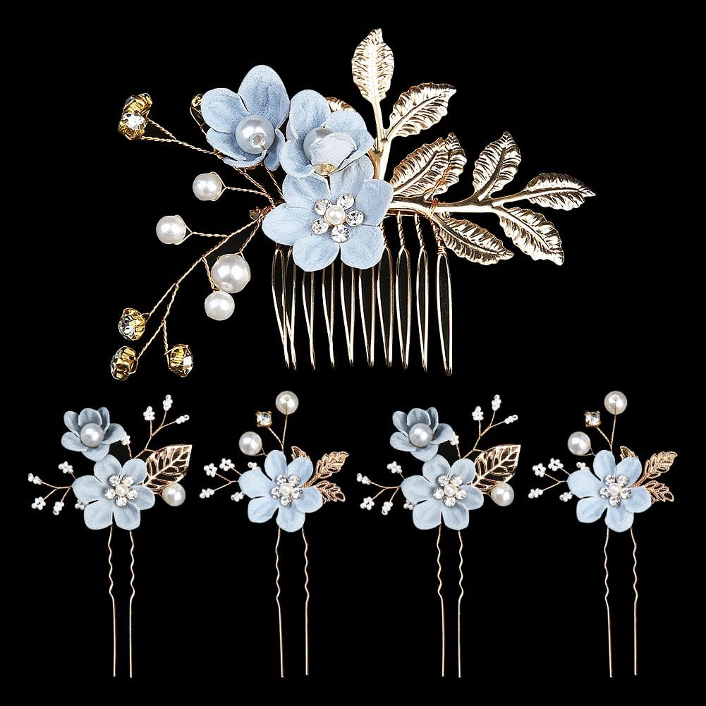 5 Pcs Flower Bridal Hair Comb Side Flower Rhinestone Hair Combs Crystal Bridal Hair Pins Fashion Jewelry Hair Clips for Bridesmaids Blue image number 1