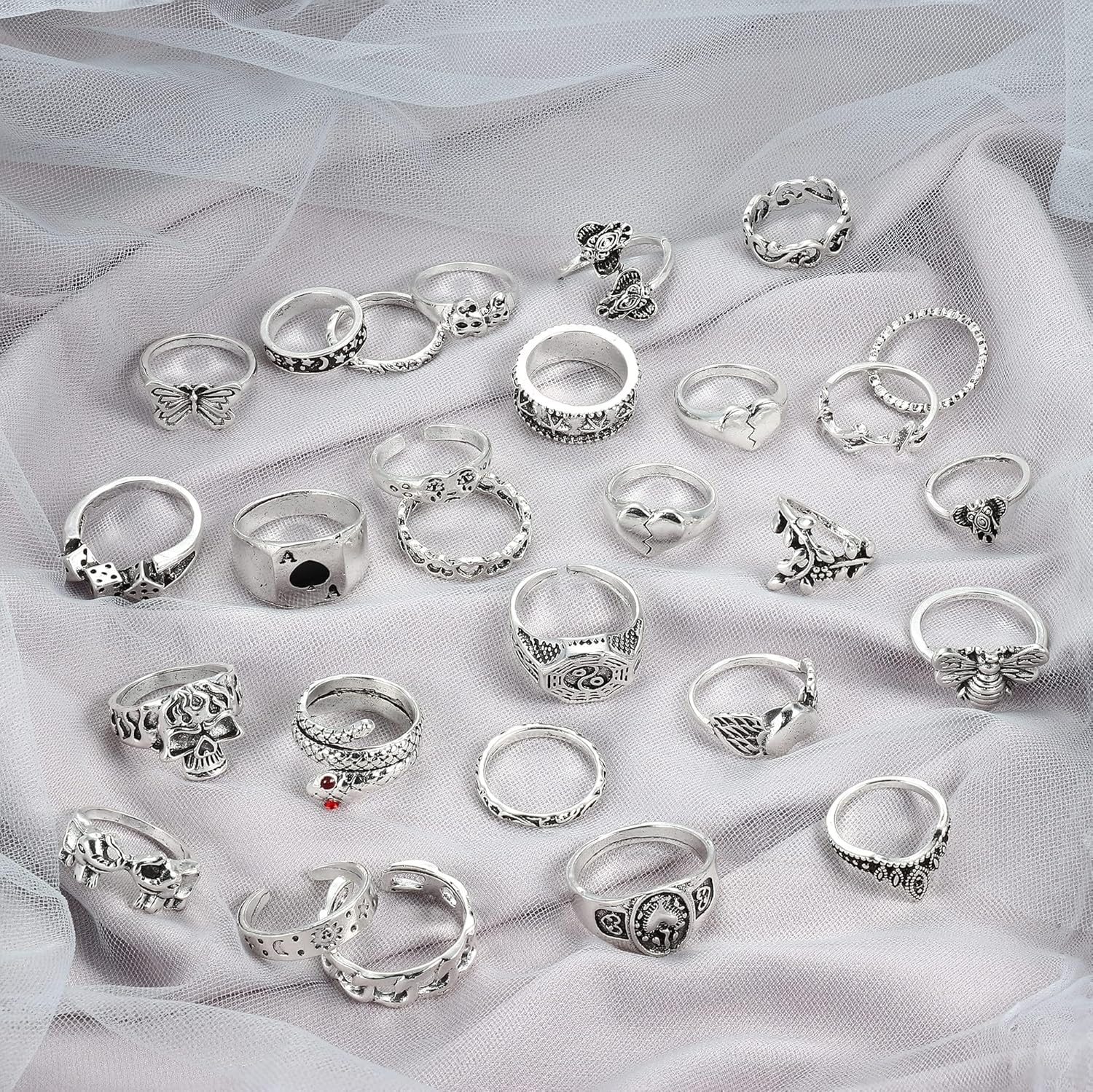 Sanfenly 49PCS Vintage Silver Punk Rings Knuckle Rings Set for Men Women Snake Cross Flower Chunky Rings Open Adjustable Goth Punk Hip Hop Cool Midi Stackable Rings Pack image number 6