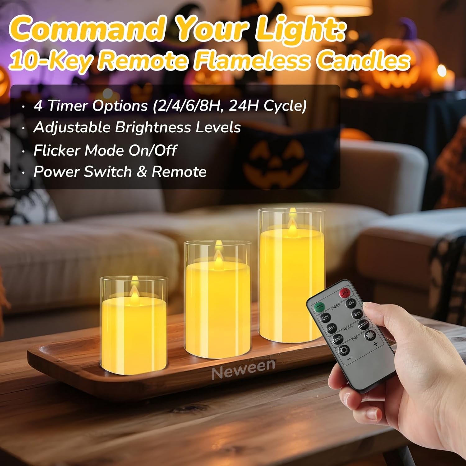 Neween Flickering Flameless Candles Set of 3, 3D Moving Wick Acrylic Battery Operated LED Pillar Candles with Remote and Timer for Christmas Halloween Valentine Party Decor (Clear, D3 H4 5" 6") image number 3