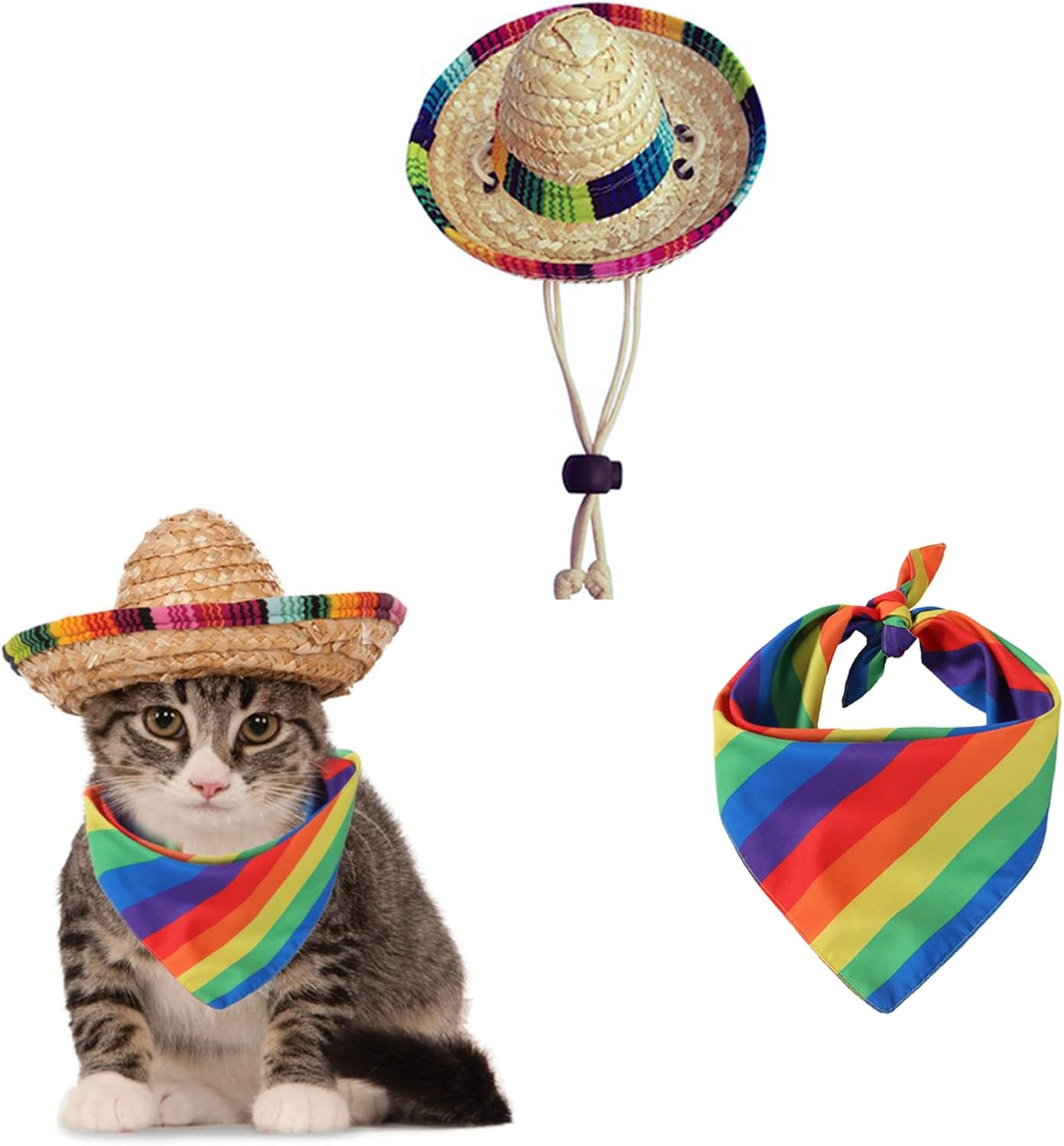Cat Sombrero Cat Hats Bandana Scarf Rainbow Scarf Pet Straw Hat Cinco De Mayo Pet Hats Mini Sombrero Hat for Cat Puppy Small Dog Party/Birthday/Photo(Multicolour+S)