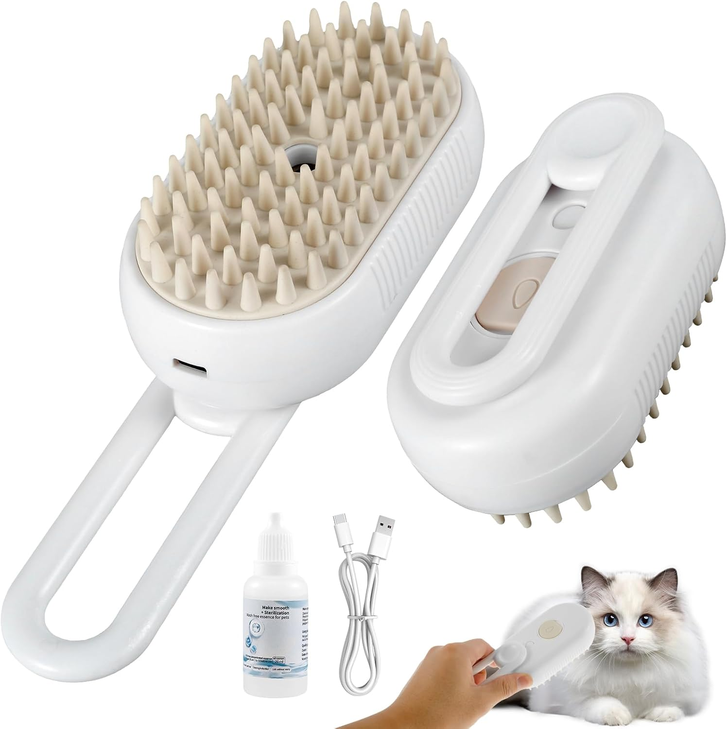 Fxvhojq Spray Cat Brush 150Mah Rechargeable Cat Steamy Brush with Water Tank and 20Ml Free Wash Liquid Cat Steam Brush Comfortable Cat Grooming Brush with Soft Silicone Comb Teeth for Massage (White) image number 5
