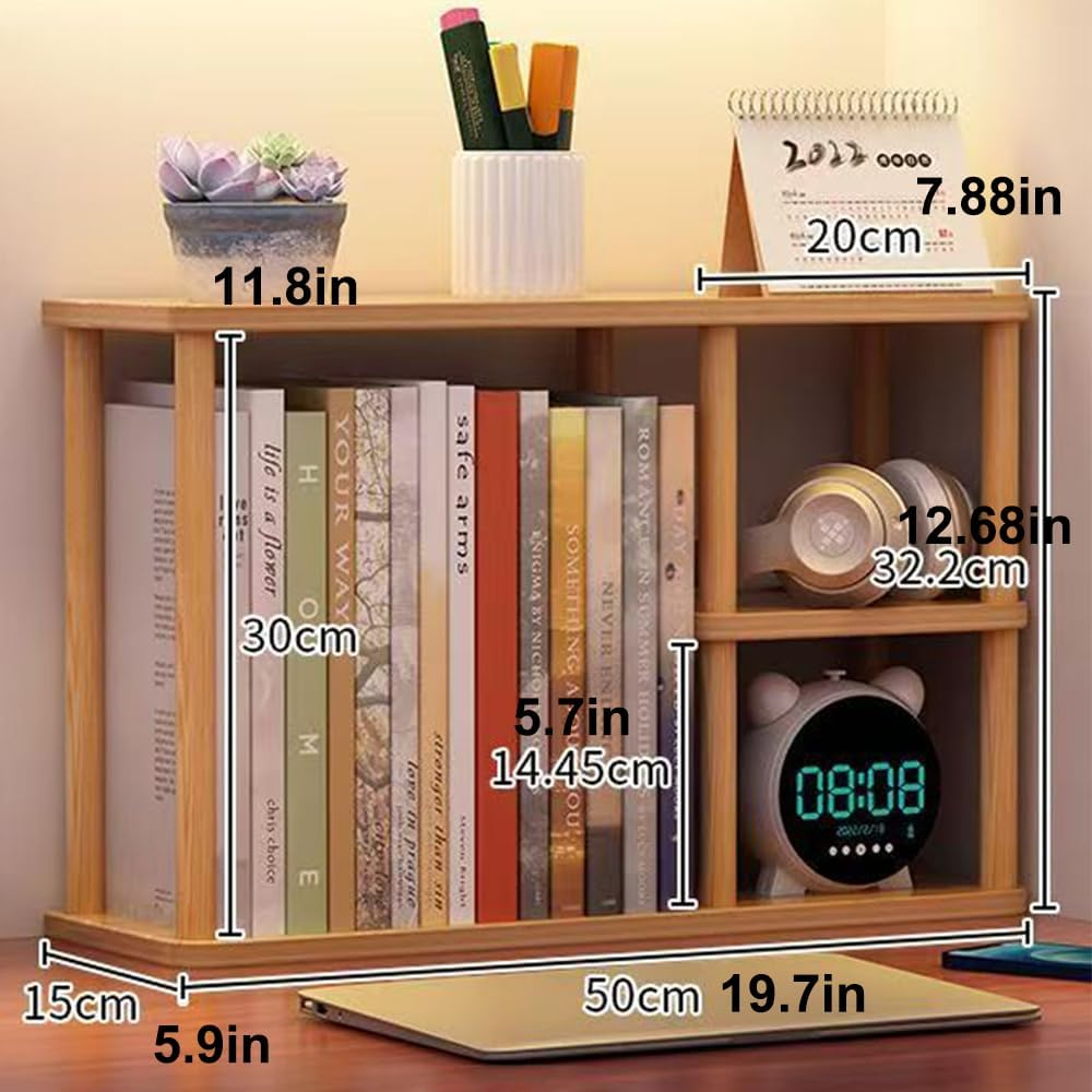 Hbluefat Desktop Organizer Shelf, Solid Wood Desk Bookshelf, Tabletop Small Bookcase, Multipurpose Display Storage Rack for Home Office (Wood) image number 3
