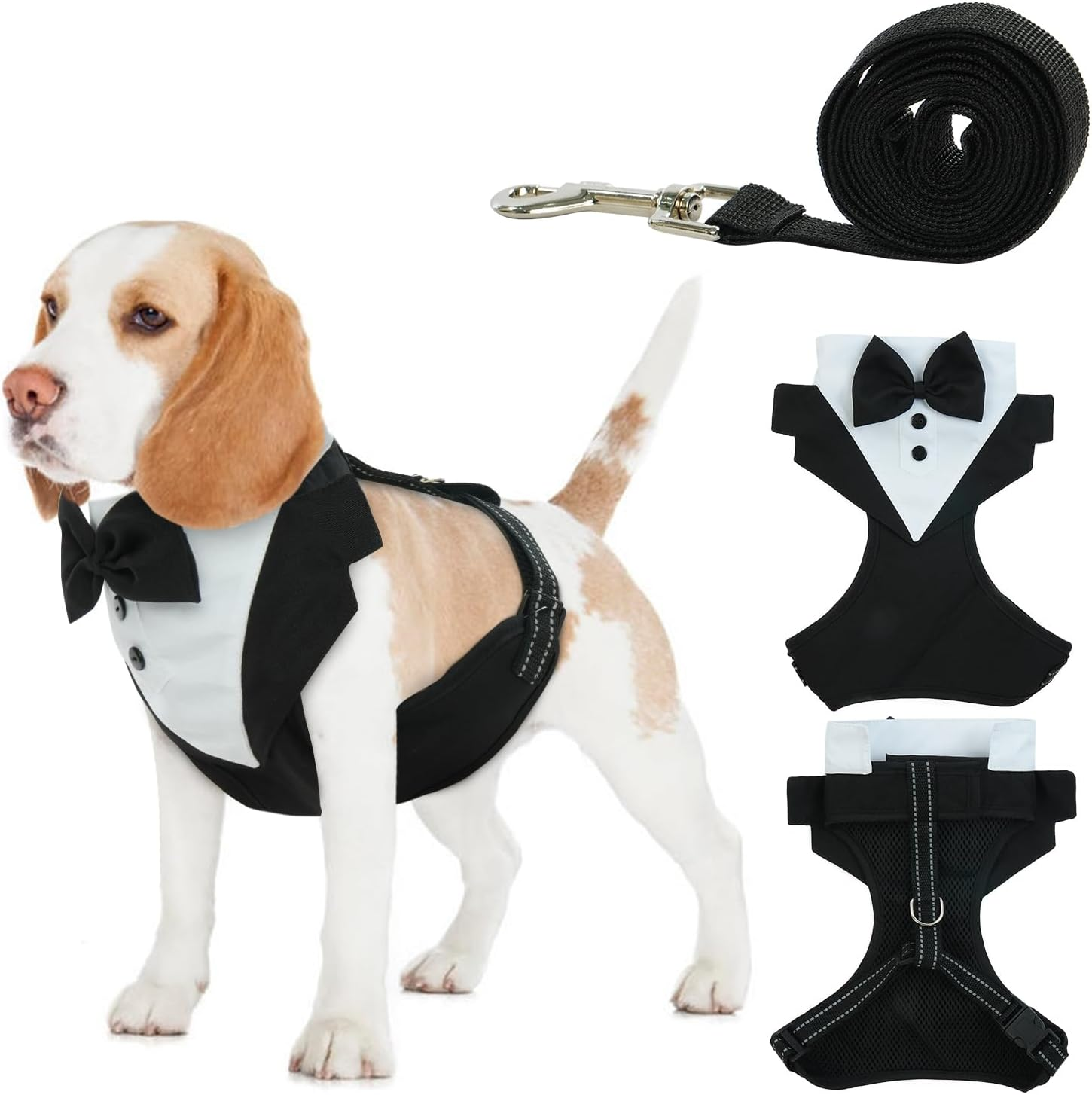 BRKURLEG Dog Vest Tuxedo Harness, Adjustable No Pull Tuxedo with Leash, Dog Wedding Party Suit with Bow Tie for Small Medium Dogs, Pet Costume Outfit for Birthday Christmas Halloween, Grey, M