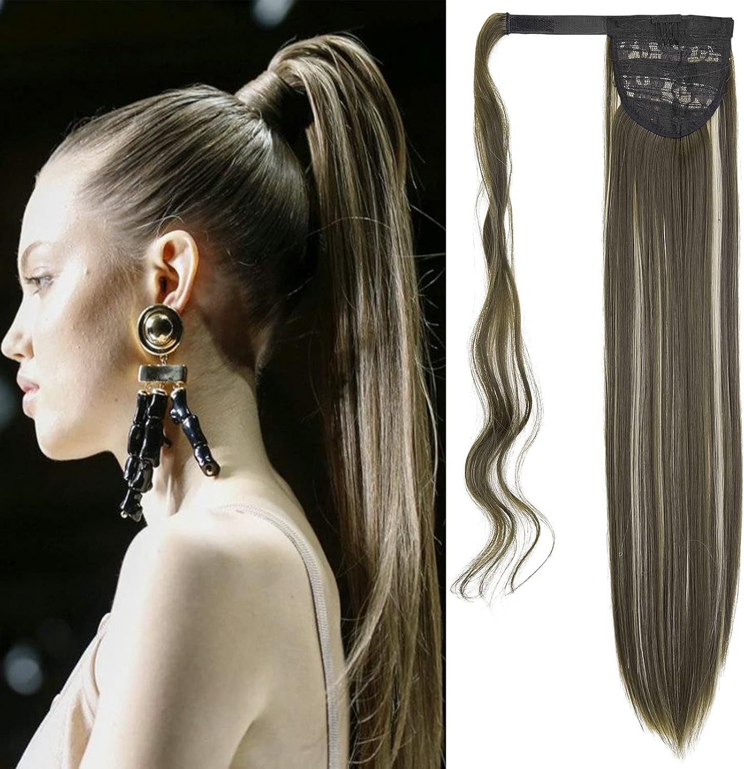 Gairyan Clip in Ponytail Extensions 24 Inch Golden Brown Hair Extension Long Curly Wave Ponytail Wrap around Pony Tails Synthetic Hairpiece for Women Natural Looking