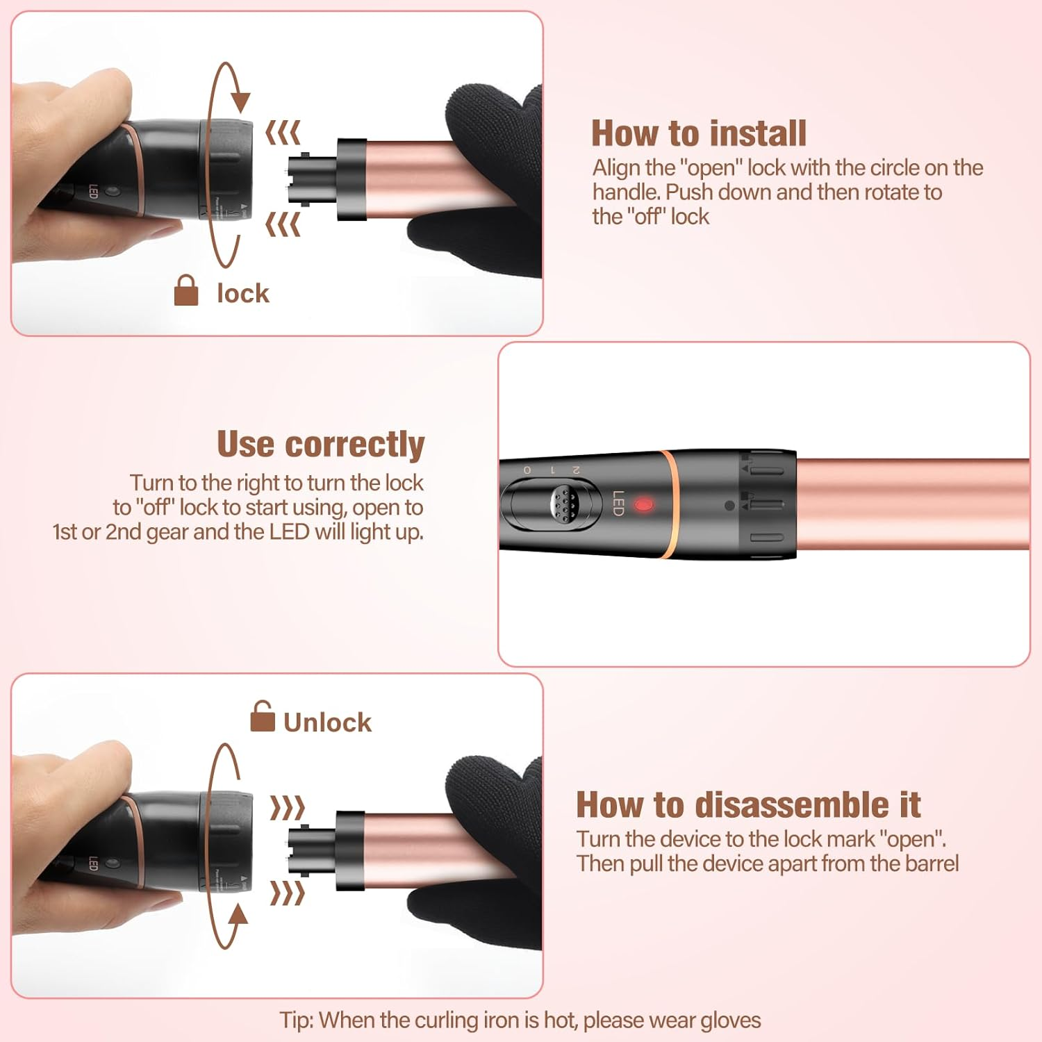 BESTOPE PRO Curling Iron Set 5 in 1 3 Ceramic Barrels for Large Curls and Waves Fast Heating, 2 Temperature Levels, Curlers with Glove and 2 Clips, Anti-Frizz Double Voltage image number 5