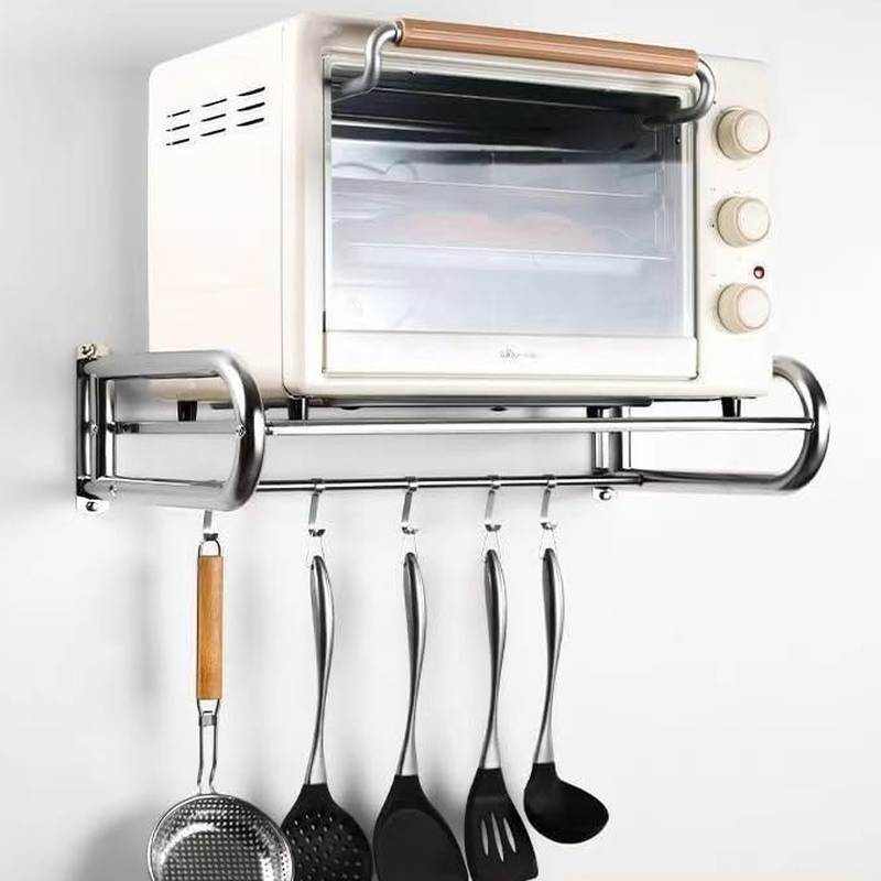 Microwave Oven Rack, Stainless Steel Microwave Oven Bracket, Wall Mounted Kitchen Rack with 5 Hooks, Maximum Load-Bearing Capacity 31Kg, Suitable for Kitchen Use image number 5