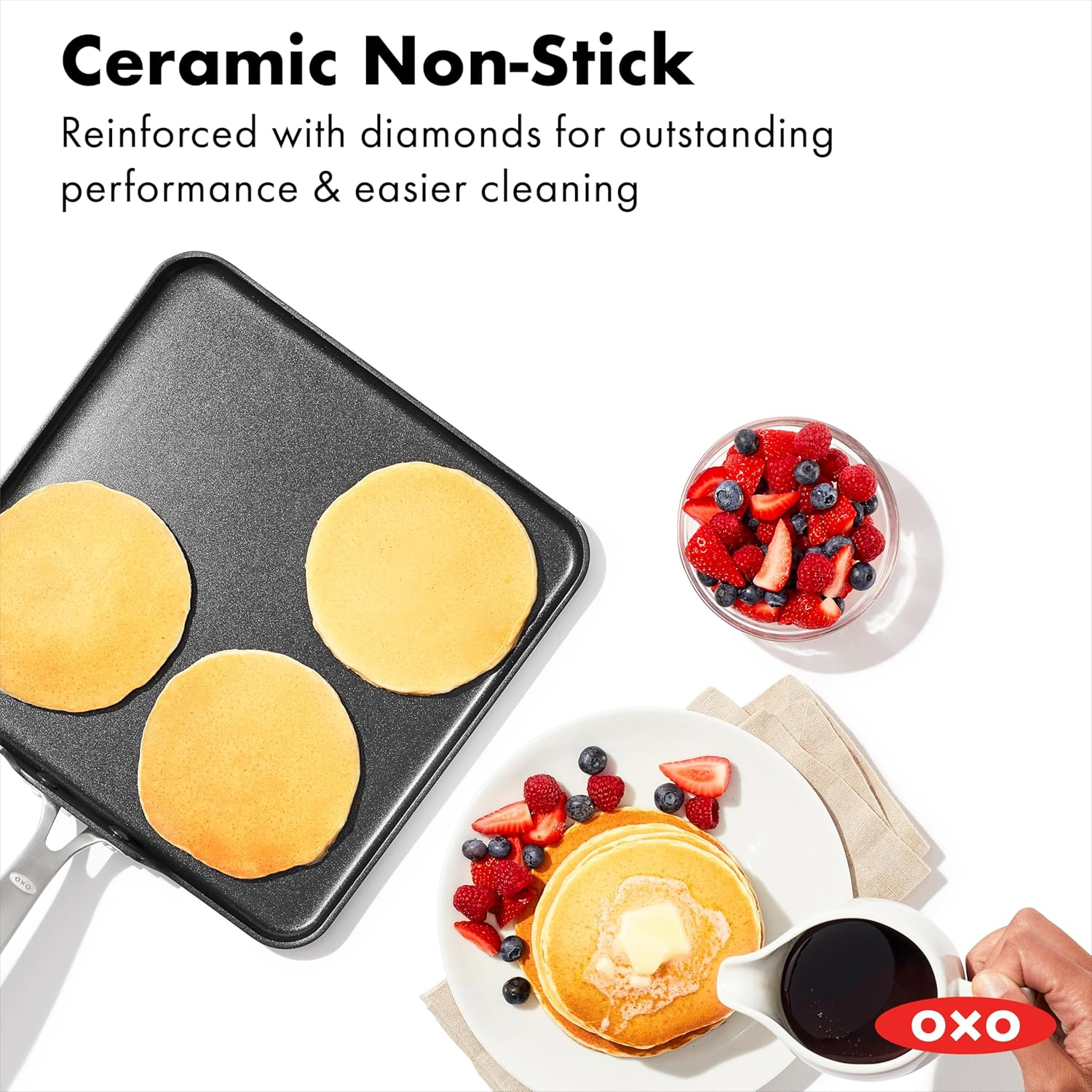 OXO Good Grips Pro 11" Griddle Pan, 3-Layered German Engineered Nonstick Coating, Dishwasher Safe, Oven Safe, Stainless Steel Handle, Black