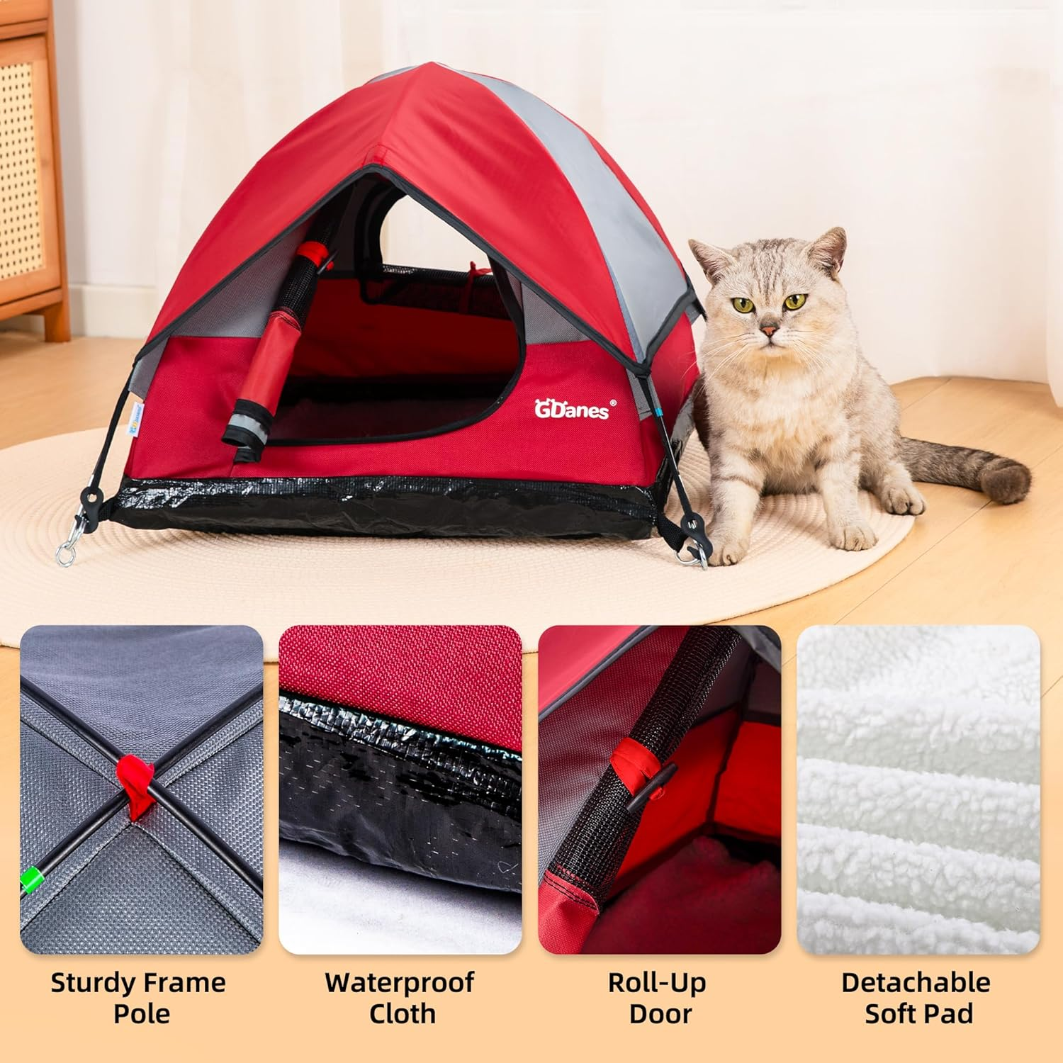 Gdanes Cat House Portable Indoor/Outdoor Red Cat Tent for Cats and Small Dogs with Soft Pad