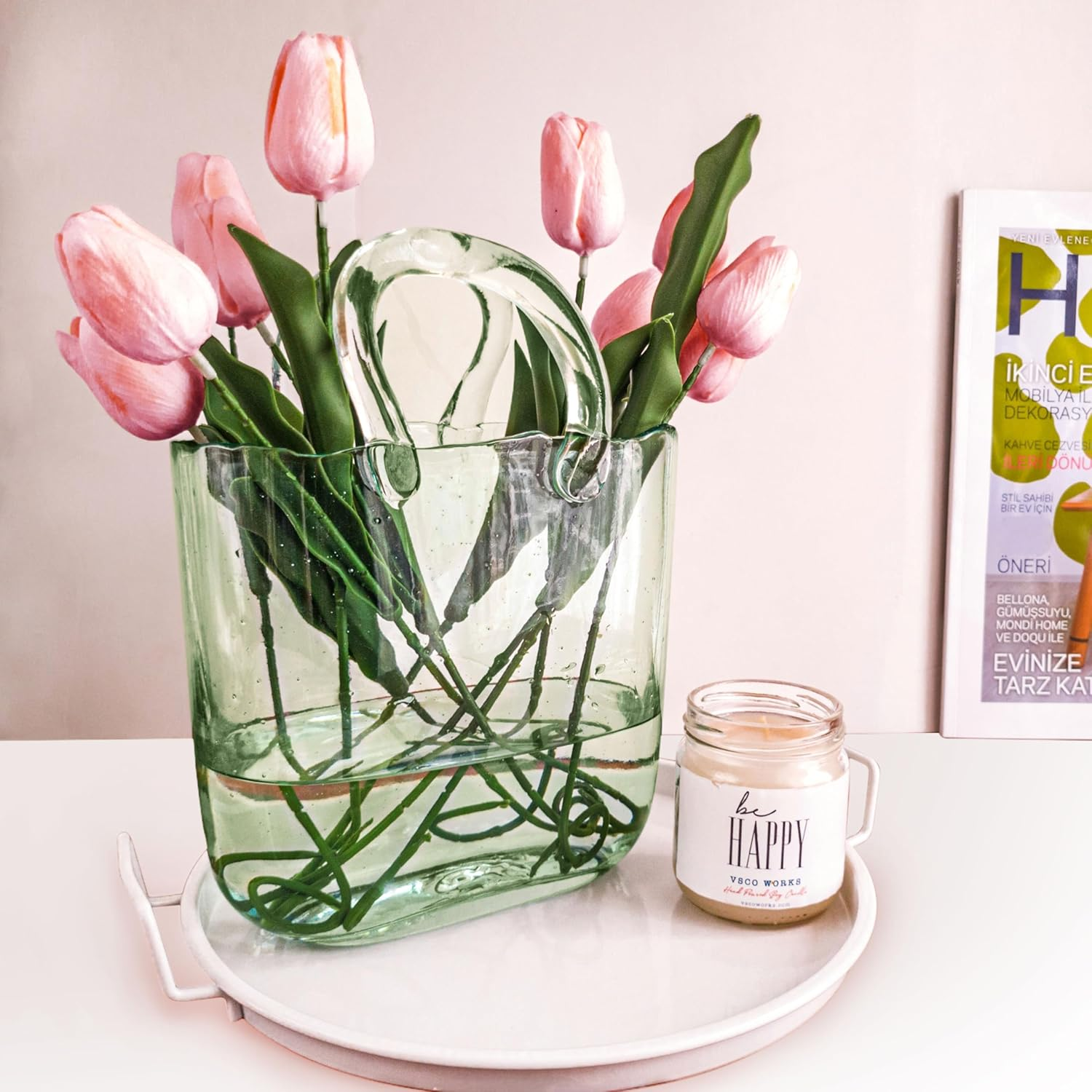 OLEEK Purse Vase for Flowers (Handmade) Glass Purse for Drinks -10Inche- Clear, Cool & Cute Vase for Centerpieces & Fish Bowl - Handbag Unique Flower Vase Decorative - Wide Mouth Bubble Vase for D&eacute;cor - Green image number 5