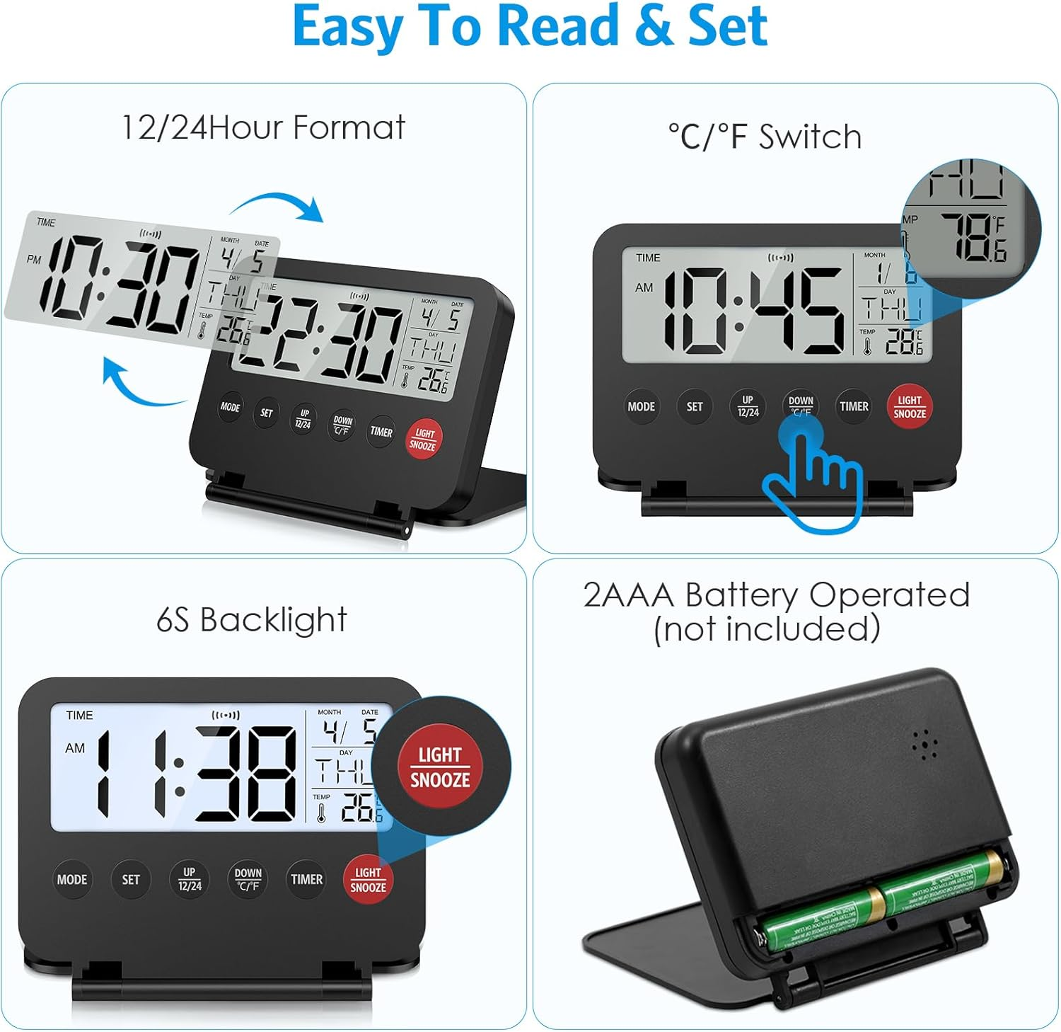 AMIR Digital Travel Alarm Clock, Foldable Calendar Temperature Timer Clock with LCD Display, Snooze, 12/24H, Countdown Function, Battery Operated Desk Clock for Travel, Home, Office, Bedroom, Black