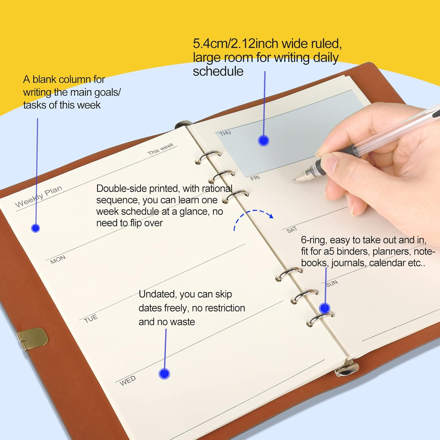 LEOBRO A5 Refill Paper, Weekly Planner Daily Planner Refill Paper, A5 Binder Planner Inserts, A5 Loose Leaf Notebook Paper, 6 Ring A5 Refill Paper for Agenda Work Planner, 90 Sheets/180 Pages image number 3