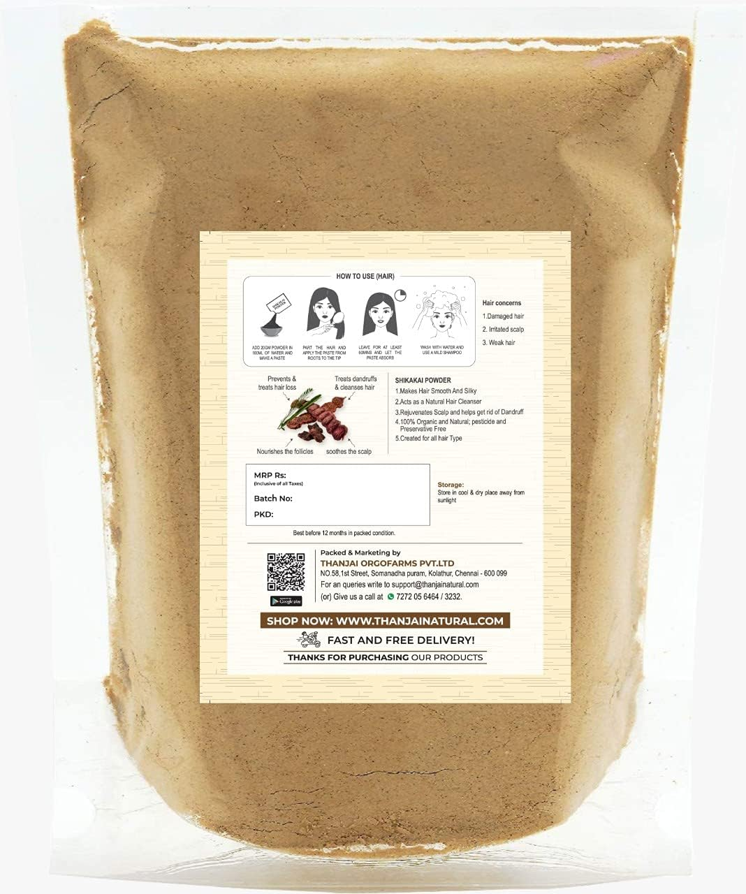 Thanjai Natural Shikakai Powder (Acacia Concinna) 500Gm | Natural Hair Cleanser | Hair Pack Powder for Damaged & Weak Hair | Rejuvenates & Refreshes Scalp - 100% Pure & Natural Homemade image number 1