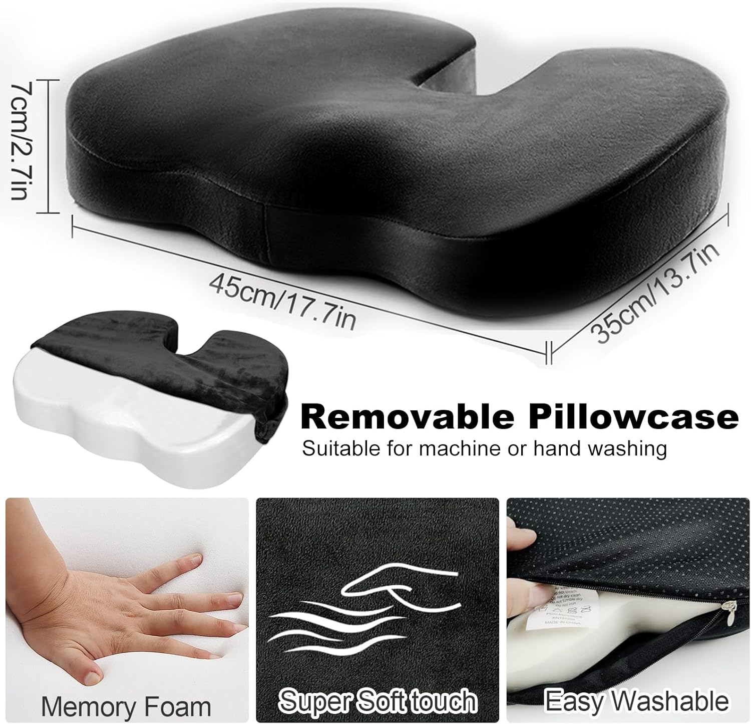 Car Seat Cushion, Memory Foam Office Chairs Cushions, Tailbone Pain Relief Padded, Sciatica & Back Support Butt Pillow for Car, Office Chair Cushion & Car Seat Cushion (Black) image number 4