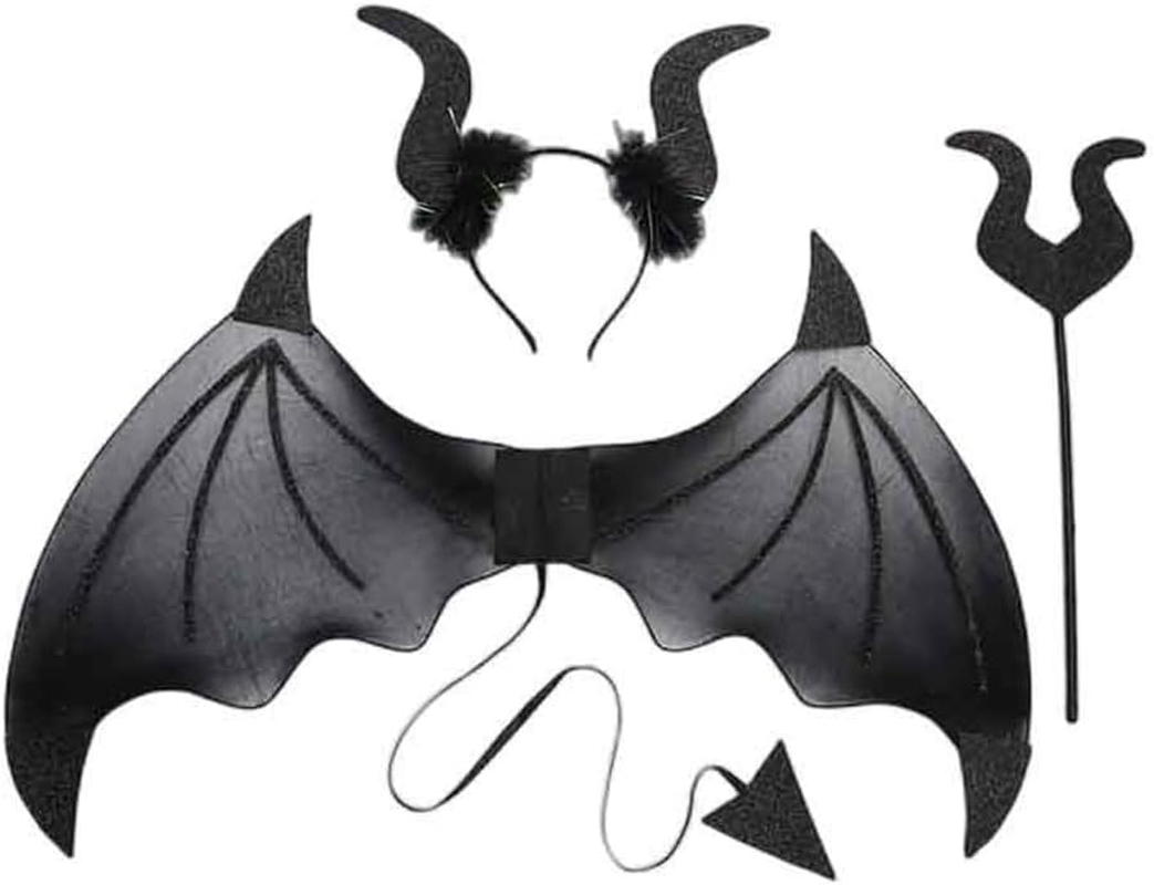 3 Piece Black Devil Wings Set, Halloween Party COS Costume Masquerade Suit with Wings, Pitchfork and Devil Horn Hoop Suitable for Both Adults and Children (Black) image number 2