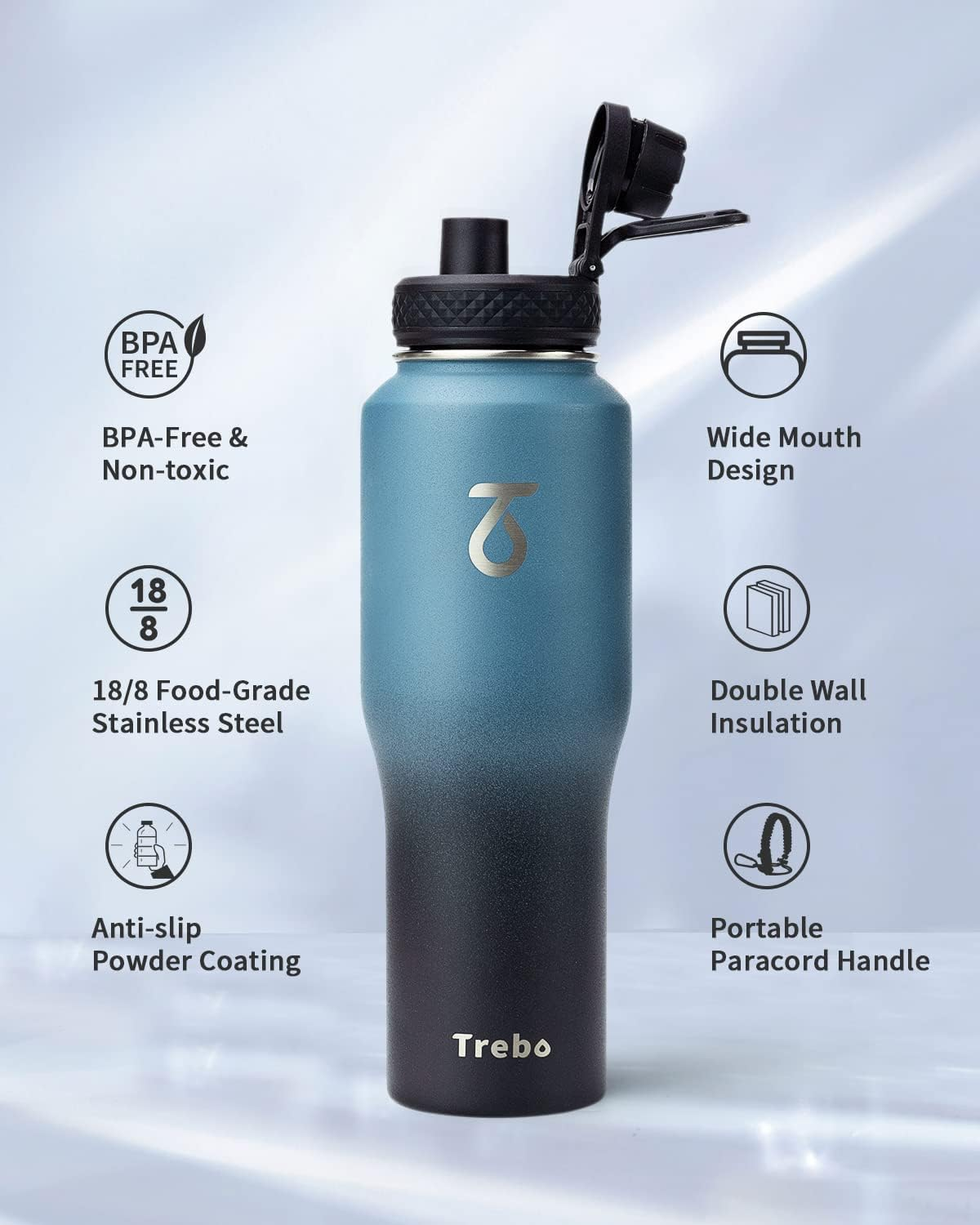 Trebo 32Oz Insulated Water Bottle That Fits in Cup Holder, Stainless Steel Double Wall Tumbler Flask Bottles with Paracord Handle, with Straw Spout Lids, Keep Cold for 48 Hrs/Hot 24 Hrs,Indigo/Black image number 5