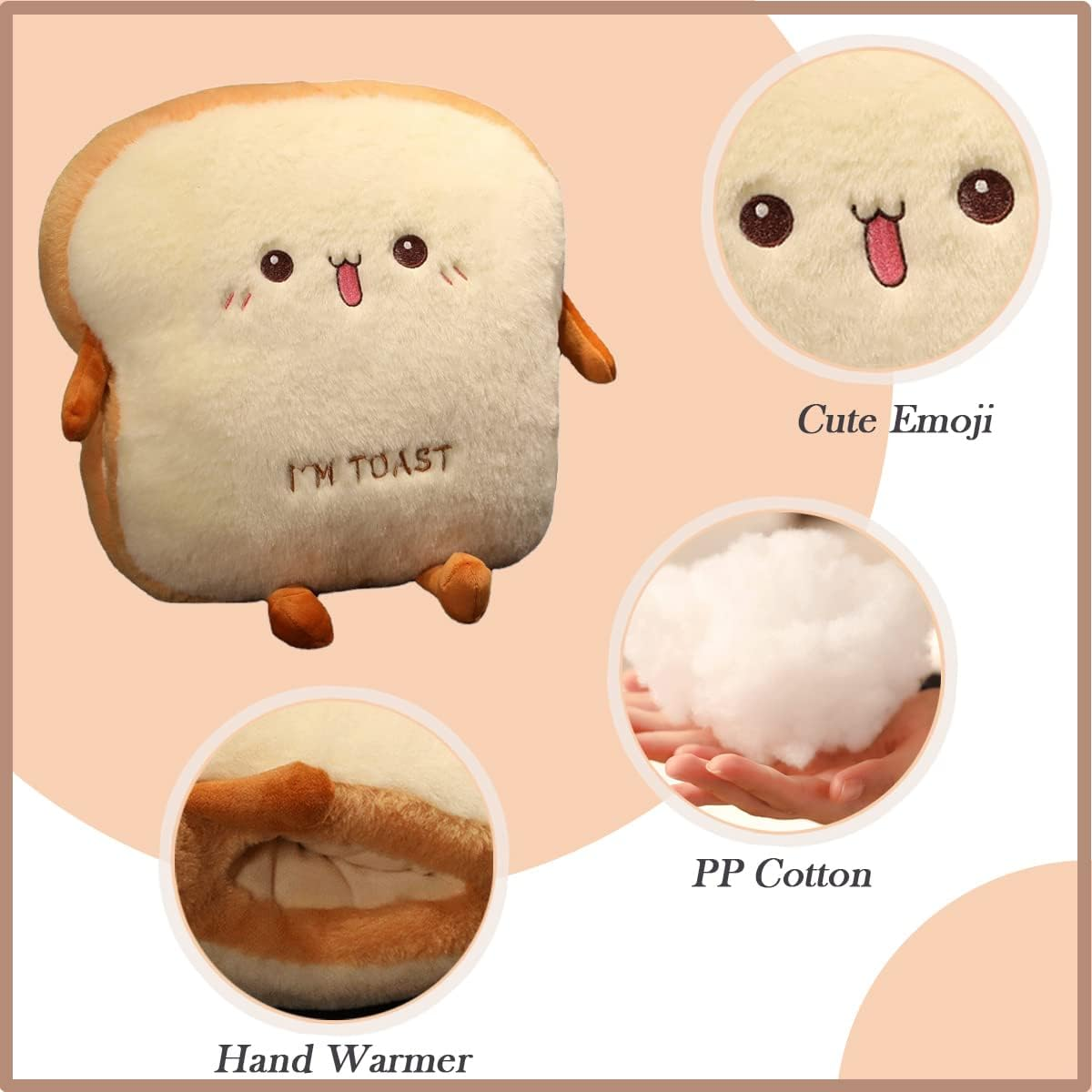 Funny Toast Travel Pillow Hand Warmer Nap Pillow Cute Plush Bread Toy Soft Washable Seat Cushion Pad for Car, Office and Home, Shy