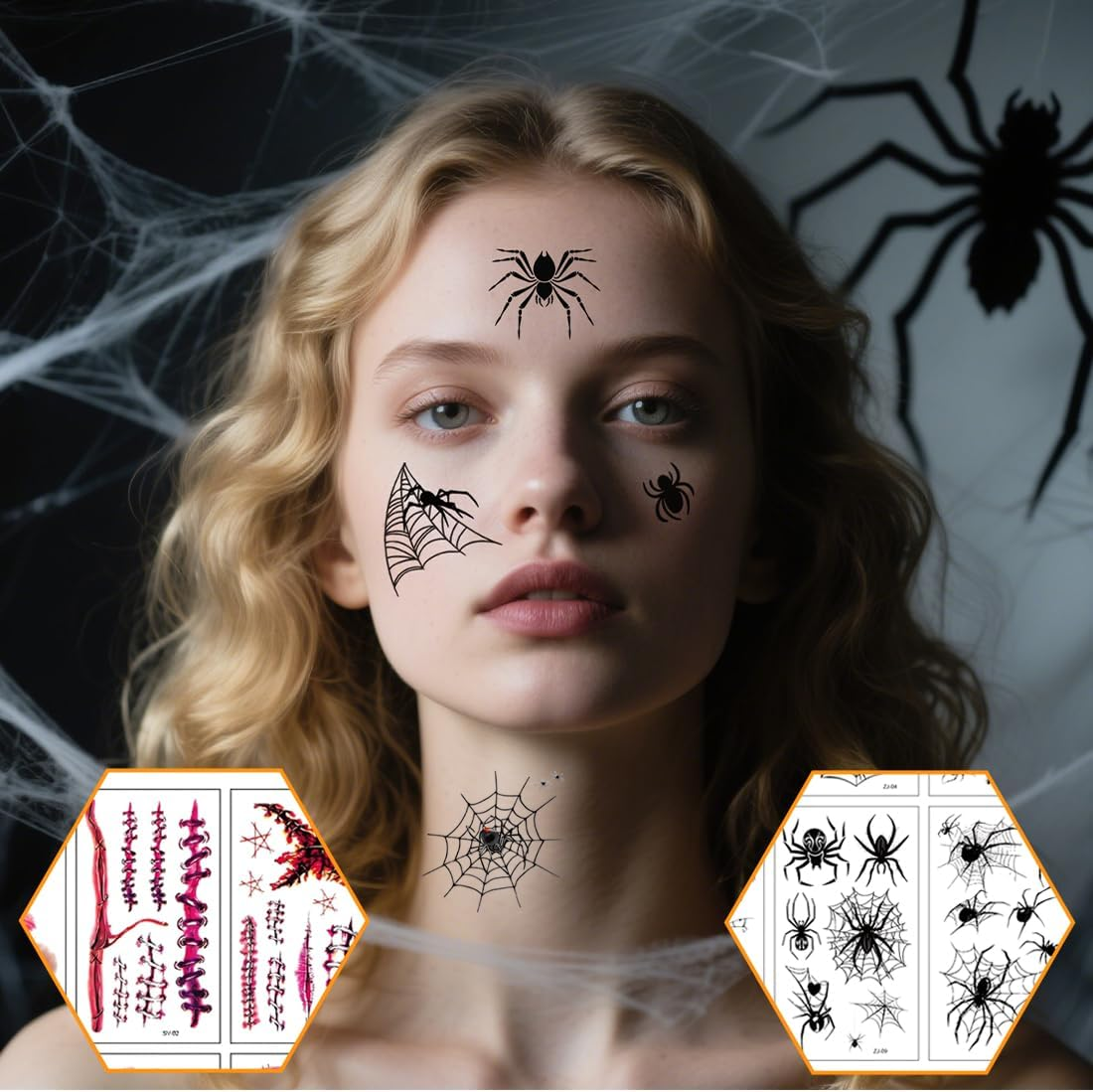 ZORVYN 20 Sheets Halloween Tattoos, Scary Face Stickers, Vampire Zombie Devil Accessories, Scars Wounds Bat Face Tattoo, Adults Children Costume Accessories Motifs image number 1