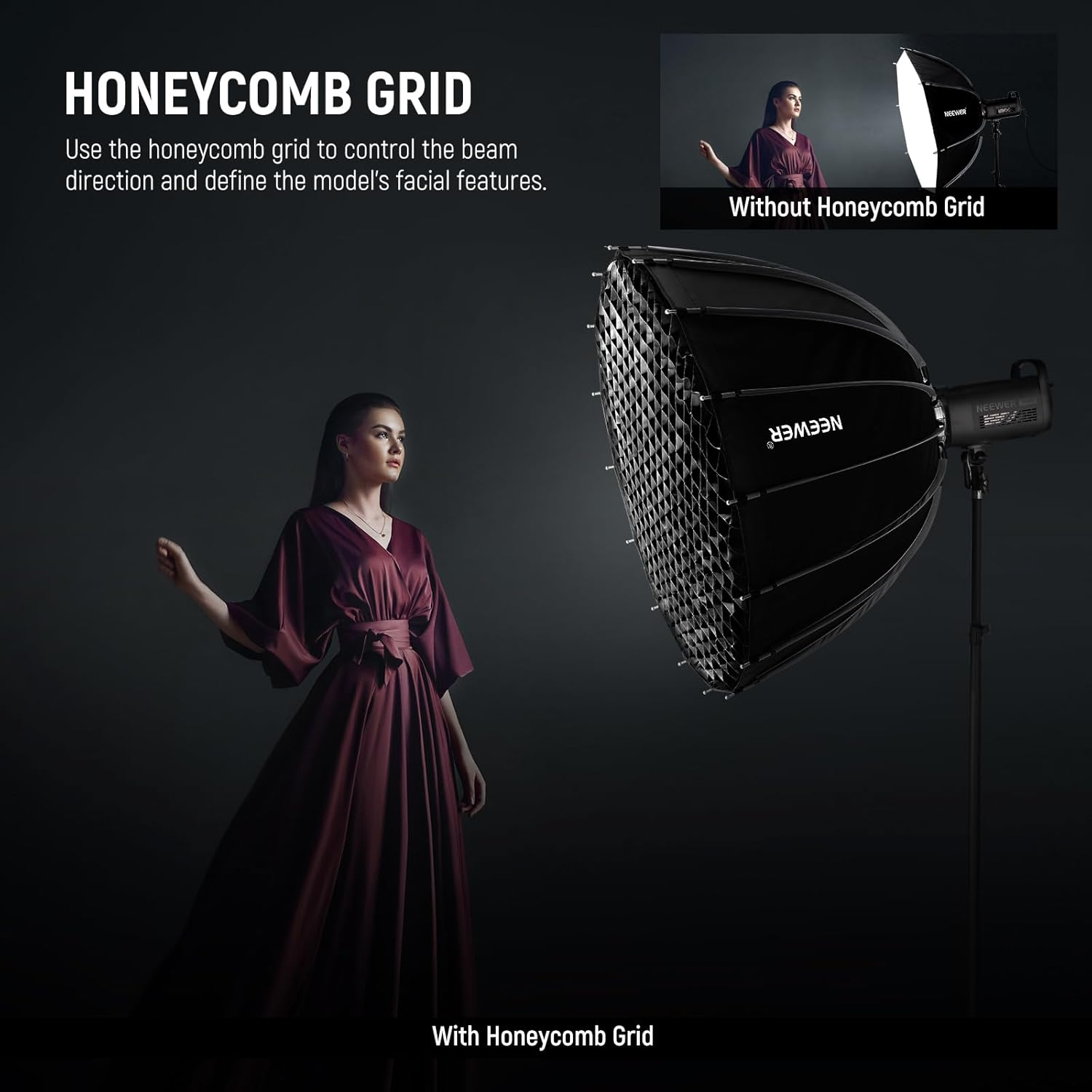 NEEWER 35.4"/90Cm Parabolic Softbox Bowens Mount, Quick Release with Diffusers/Grid/Bag for Video Continous Lighting CB60 CB200B MS60 MS150B Q4 Compatible with Godox Amaran 100X Aputure 600D, NS90P image number 3