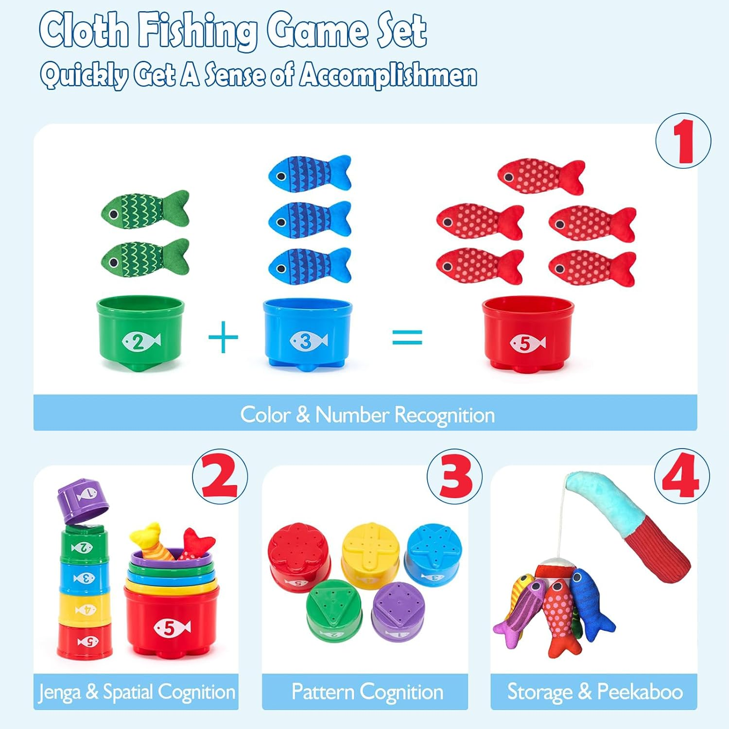 Toddler Toys Montessori Toys for 1-3 Year Old Boy Girl Birthday Gift, 22 Pcs Cloth Fishing Game with Stacking Cups- Number Counting, Color Sorting, Shape Learning Toddler Boy image number 1