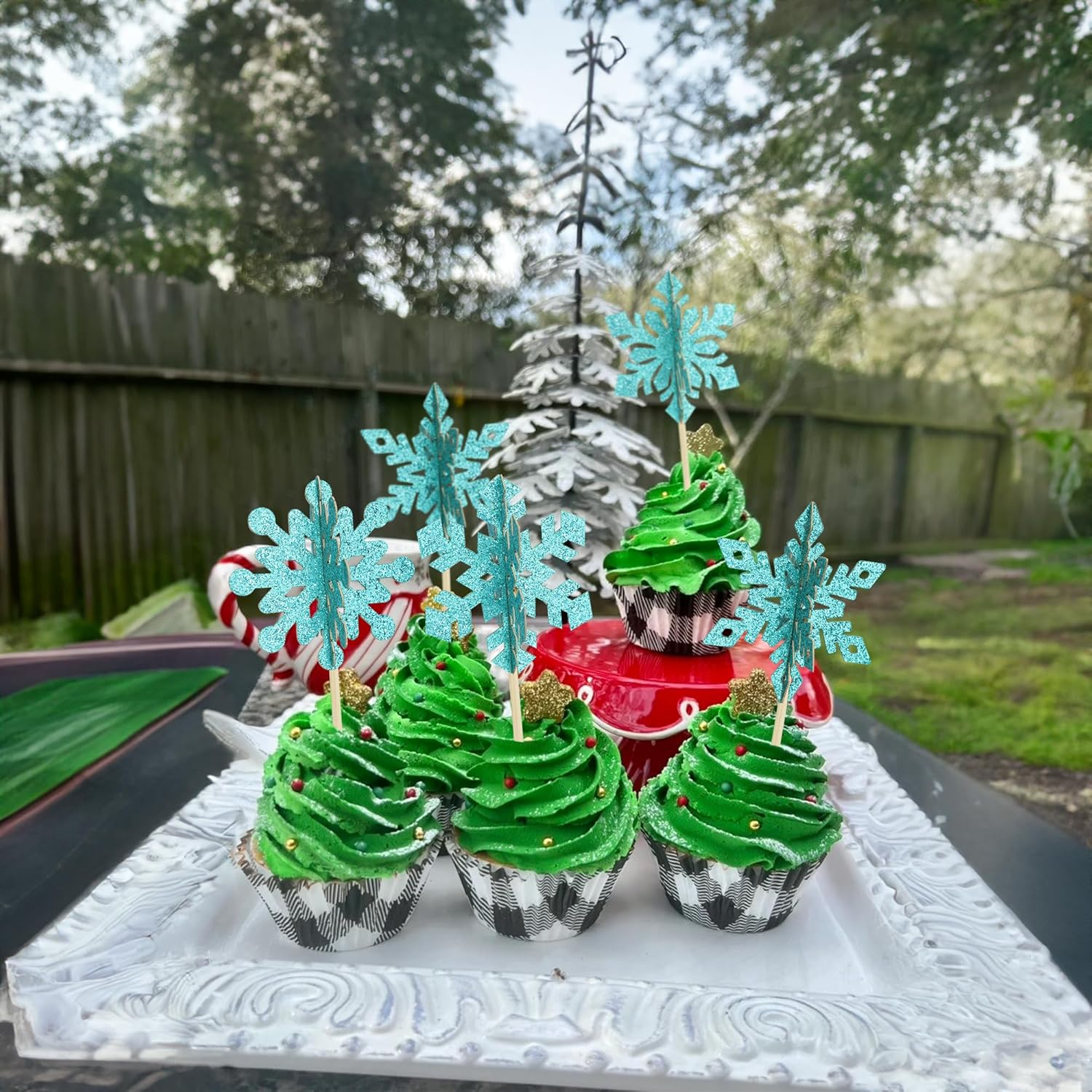 Gyufise 24Pcs 3D Snowflake Cupcake Toppers Double Side Glitter Winter Frozen Cupcake Pick Decorations Winter Theme Party Christmas Baby Shower Birthday Decoration Supplies Blue image number 3
