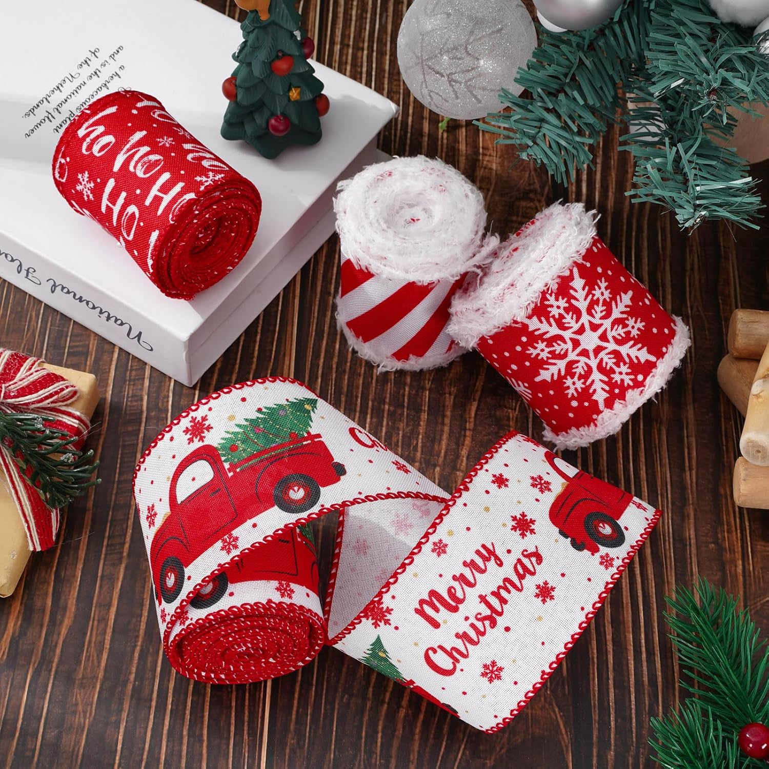 Anydesign 24 Yards Christmas Wired Edge Ribbon Red White Xmas Snowflake Truck Fabric Craft Ribbon for Wreath Bow Making Gift Wrapping, 4 Roll image number 2