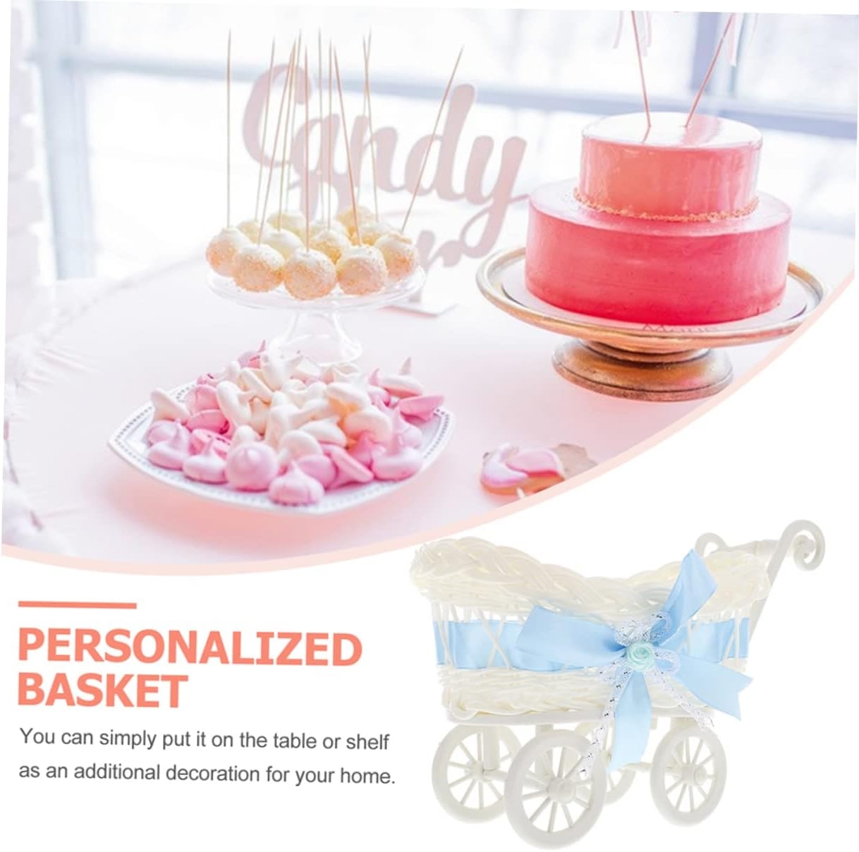 2Pcs Woven Trolley Flower Basket for Shower and Wedding Decoration Multi Function Candy Baskets for Favors and Storage Durable and Stylish Design image number 1