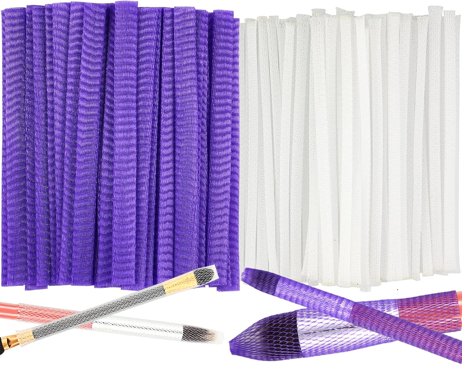 100Pcs Makeup Brush Protector Cosmetic Makeup Brush Pen Guard Expandable Mesh Sleeve Covers Set Storage Small Medium Large Sizes Brushes for Travel (Purple and White)