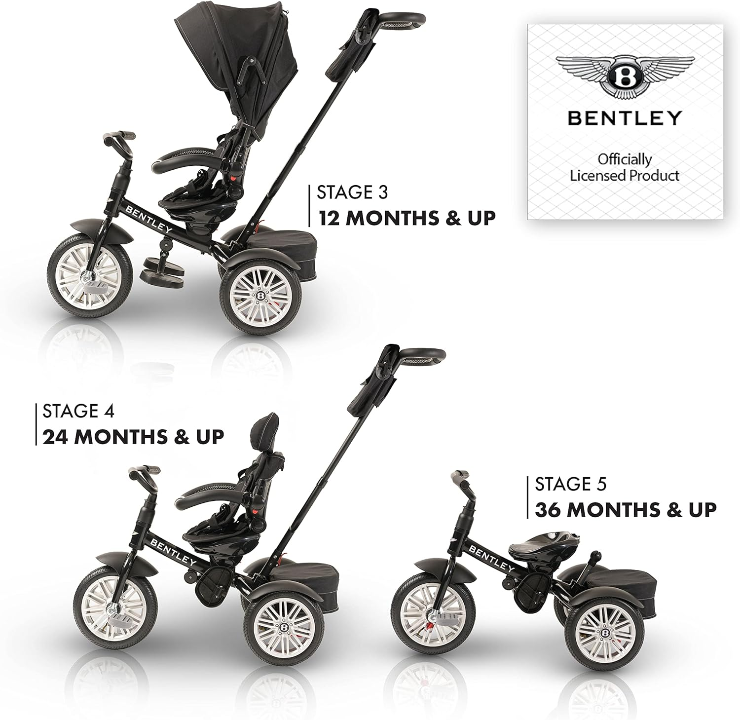 Bentley Trike - All Terrain Toddler Bike 6-In-1, Officially Licensed & Designed by Bentley Motors UK; Baby to Big Kid Tricycle Is a Compelling Statement of Performance and Luxury, Onyx Black (10M-5Y) image number 3
