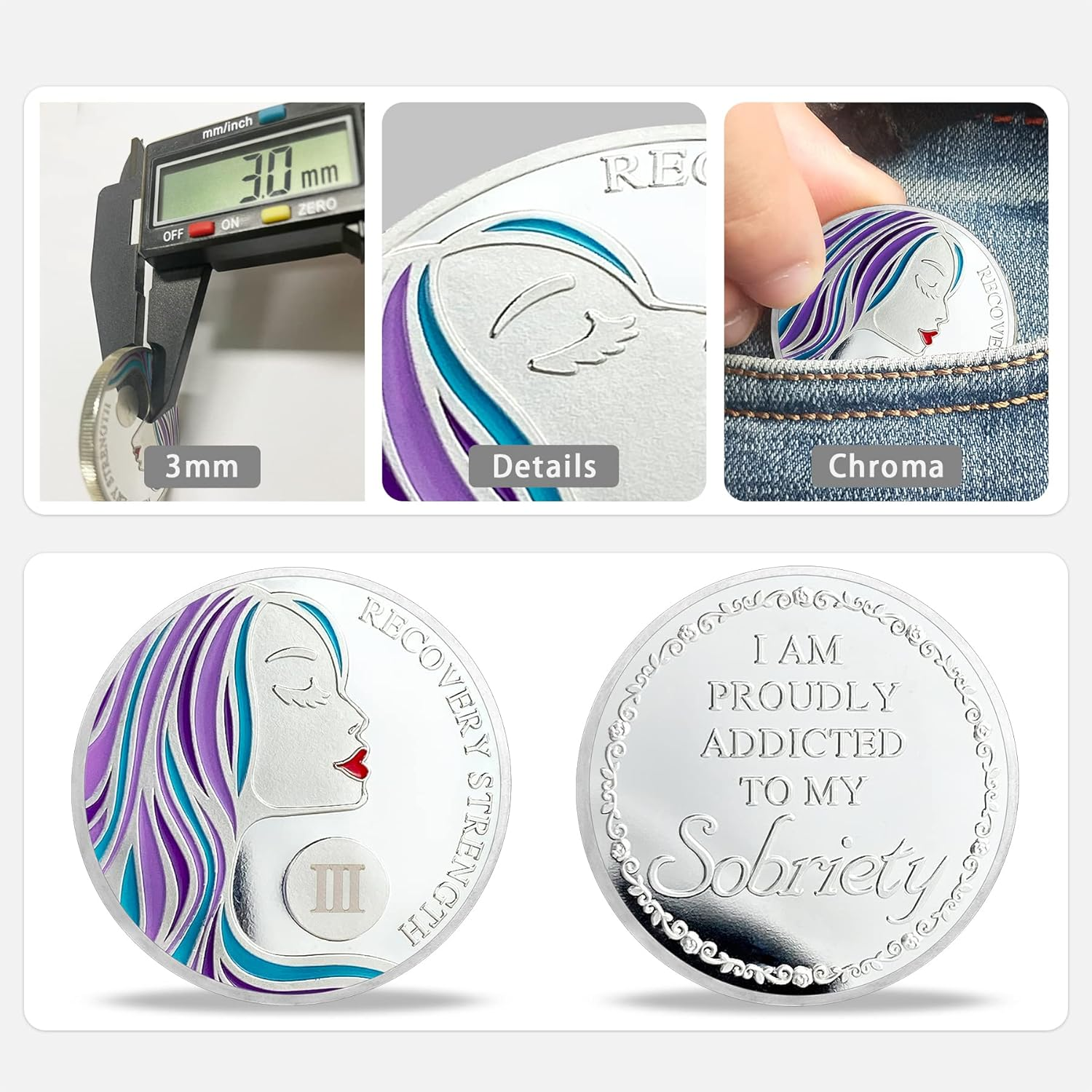 3 Year Sobriety Coin - Sober Woman - AA Medallion Chips Recovery Token for Woman image number 3