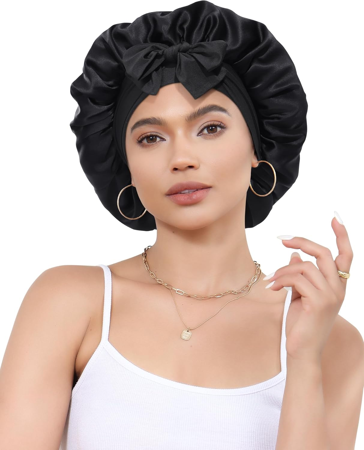 Silk Bonnet for Sleeping 100% Mulberry Women Double Layer Silk Sleep Cap with Adjustable Elastic Band Silk Hair Wrap